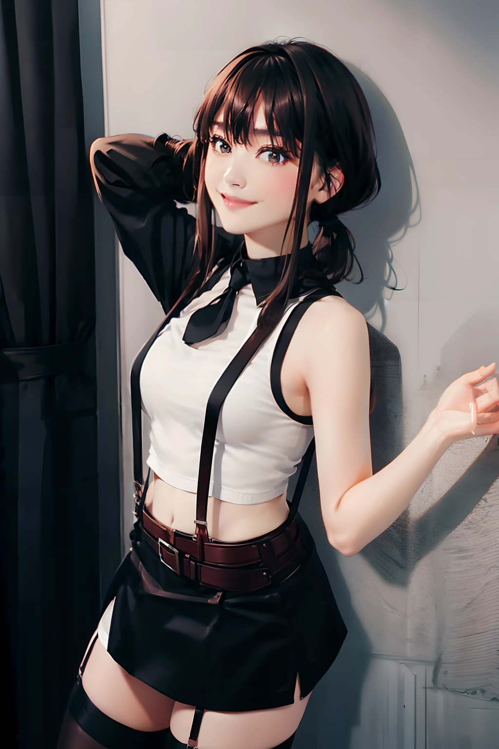 a belt suspenders Black miniskirt neck tie Black tank top Black stockings Brown hair poneyTail Gray eyes holster bobby Garter belt on the legs Brown hair A smile piece Moderate breasts Breast Fold your hands behind your back