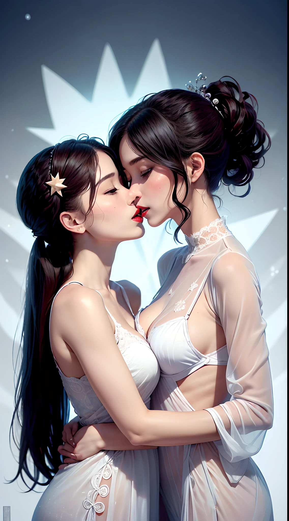 (Two girls),(face to face),Head close together,Kissing intimately,((tongue kissing)),Mouth-to-mouth contact,(The chests touch each other),(((In an intimate hug))),High ponytail,Long jet black hair,(Clothes half-stripped),Clothes translucent,Reveal a white back,Redlip,Danfeng Eyes,eyeslashes,Hanfu,Hanfu has a cloud pattern,Gorgeous clothes,Precise hair accessories,star night,snow field,The hand is peeling off his clothes,spring scenery,Beautiful and confident,Reveal white breasts,Reveal white shoulders,