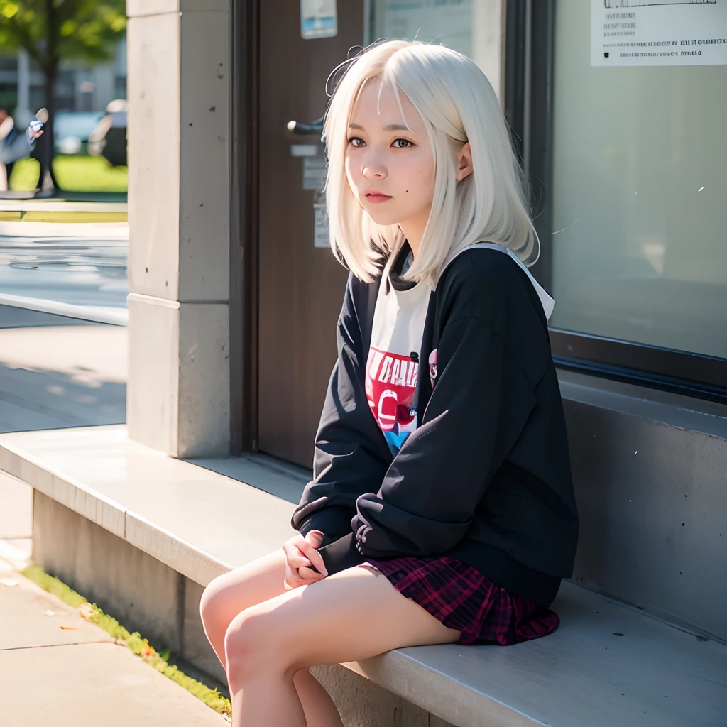 there is a woman that is sitting down on a bench, Perfect white haired girl, Girl with white hair, long  white hair, Girl with short white hair, white haired Cangcang, with long white hair, ses cheveux sont blancs, portrait of a japanese teen, In real life，She is seen wearing streetwear pieces, one girl has white hair, The gray hair scene is absolutely real