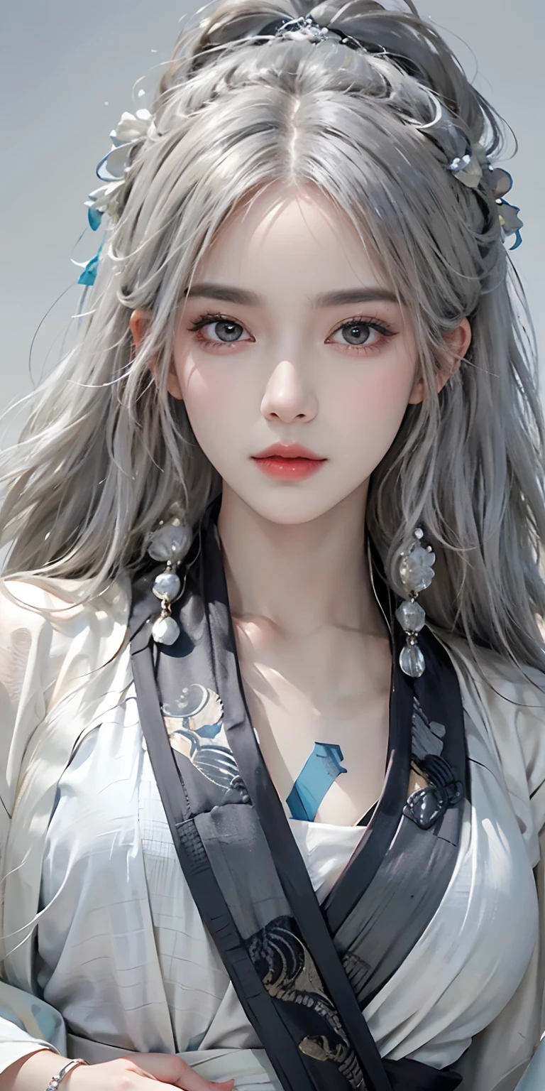photorealistic, high resolution, soft light,1women, solo, hips up, look at viewer, (detailed face), long hair, silver hair, bright eyes, kunfu hanfu, cloak, tattoo, jewelry