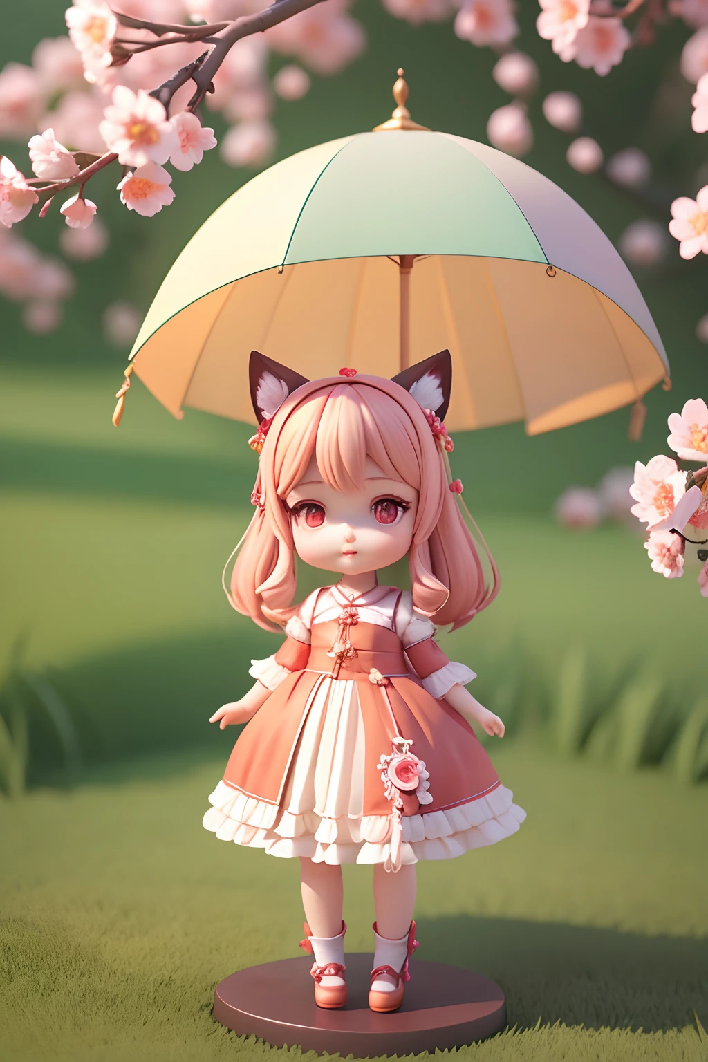 Cute little girl in red dress，Step on the green lawn beneath your feet，Peach blossom branch in hand，Like a fairy，Extremely cute，with fox ears，full bodyesbian：2.1，Detailed rendering with 3D rendering techniques，Stylized representation of digital art。Render a cute 3D anime girl，Stylized presentation，A cute ceramic doll and a super detailed fantasy character appear at the same time，are rendered in stylized 3D renderings。Cute images of forest creatures and digital art will also appear，The background depicts the atmosphere of April