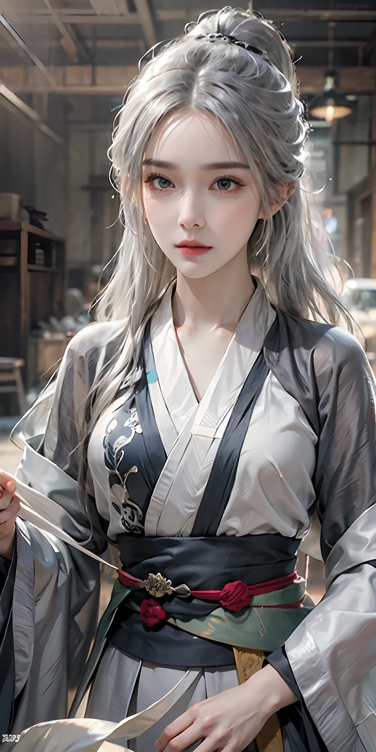 photorealistic, high resolution, soft light,1women, solo, hips up, look at viewer, (detailed face), long hair, silver hair, bright eyes, kunfu hanfu, cloak, tattoo, jewelry