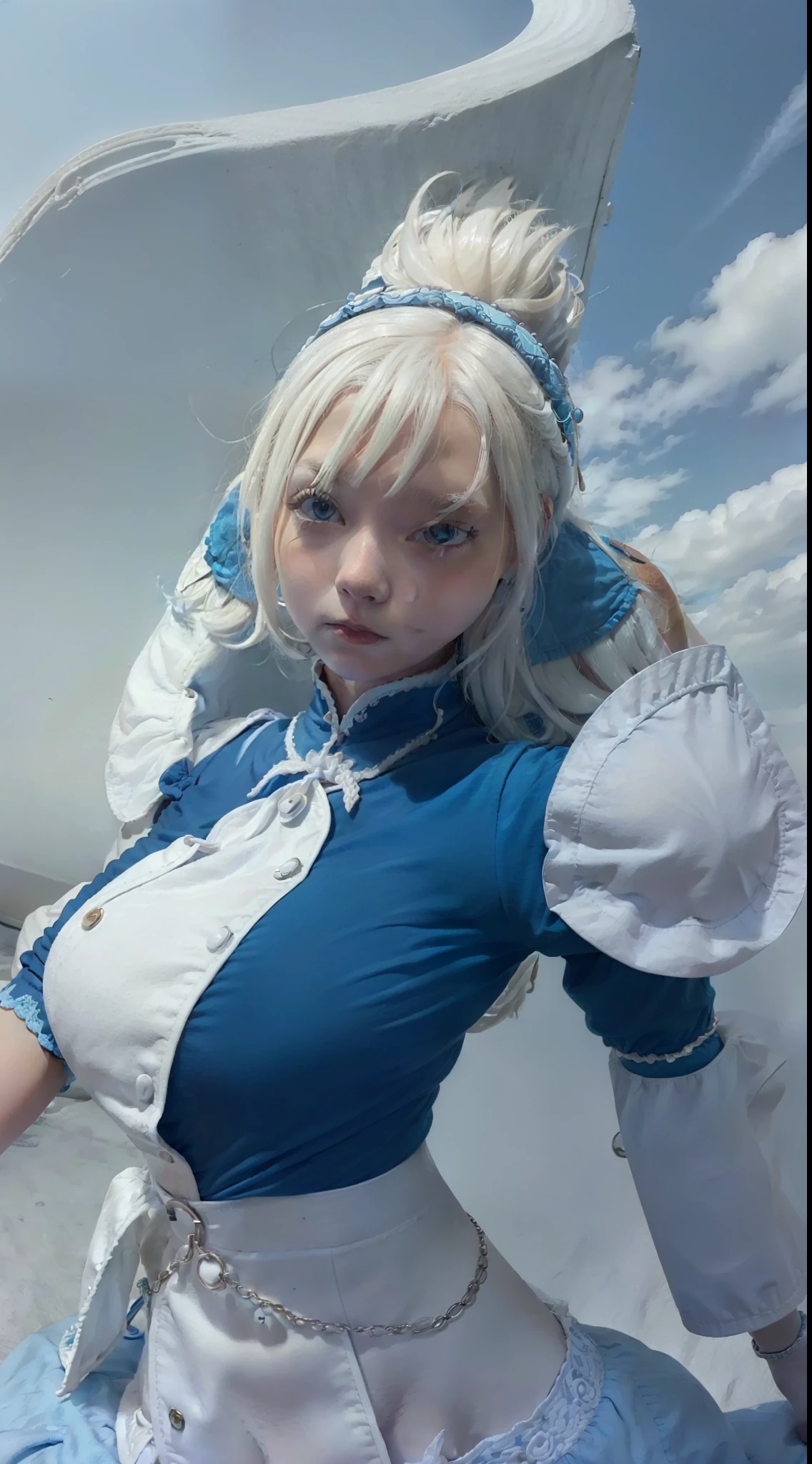 1 girl, white hair, blue jacket, blue crown, missing arm, missing leg, realistic, 70mm lens,