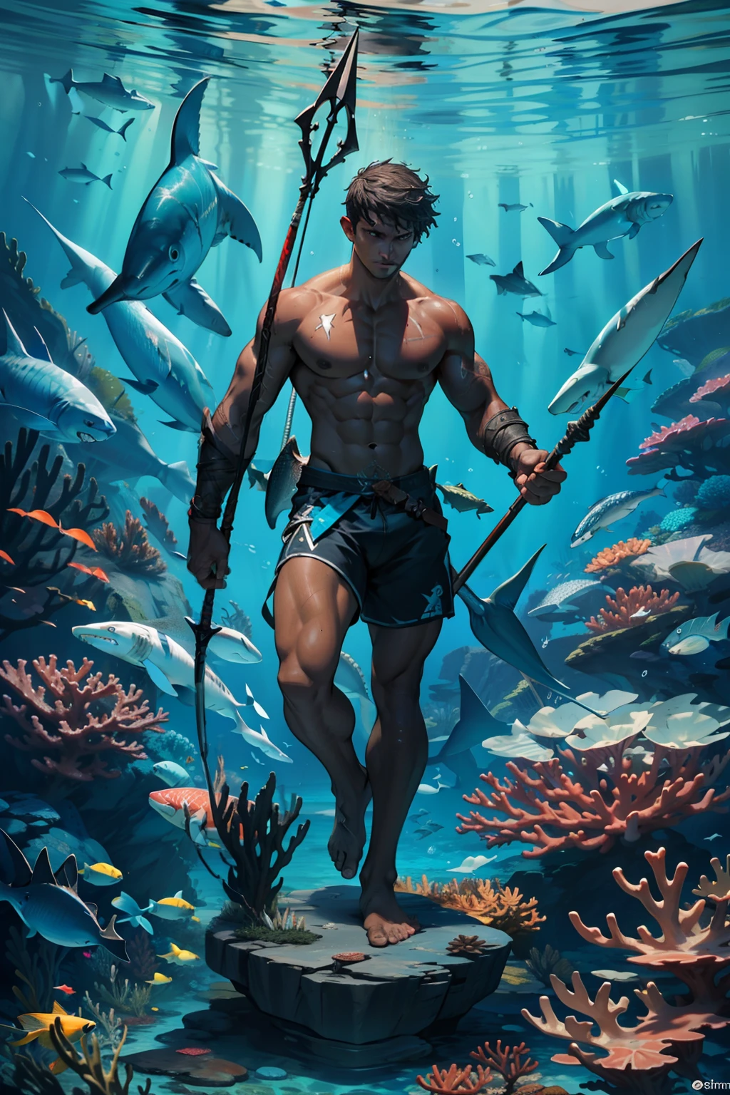 male_focus, polearm, weapon, fish, underwater, topless_male, spear, trident, holding,swimming, water, holding_weapon, ocean, shark, dark-skinned_male, dark_skin, closed_mouth, coral, freediving, fishing_rod, barefoot, toned, statue,