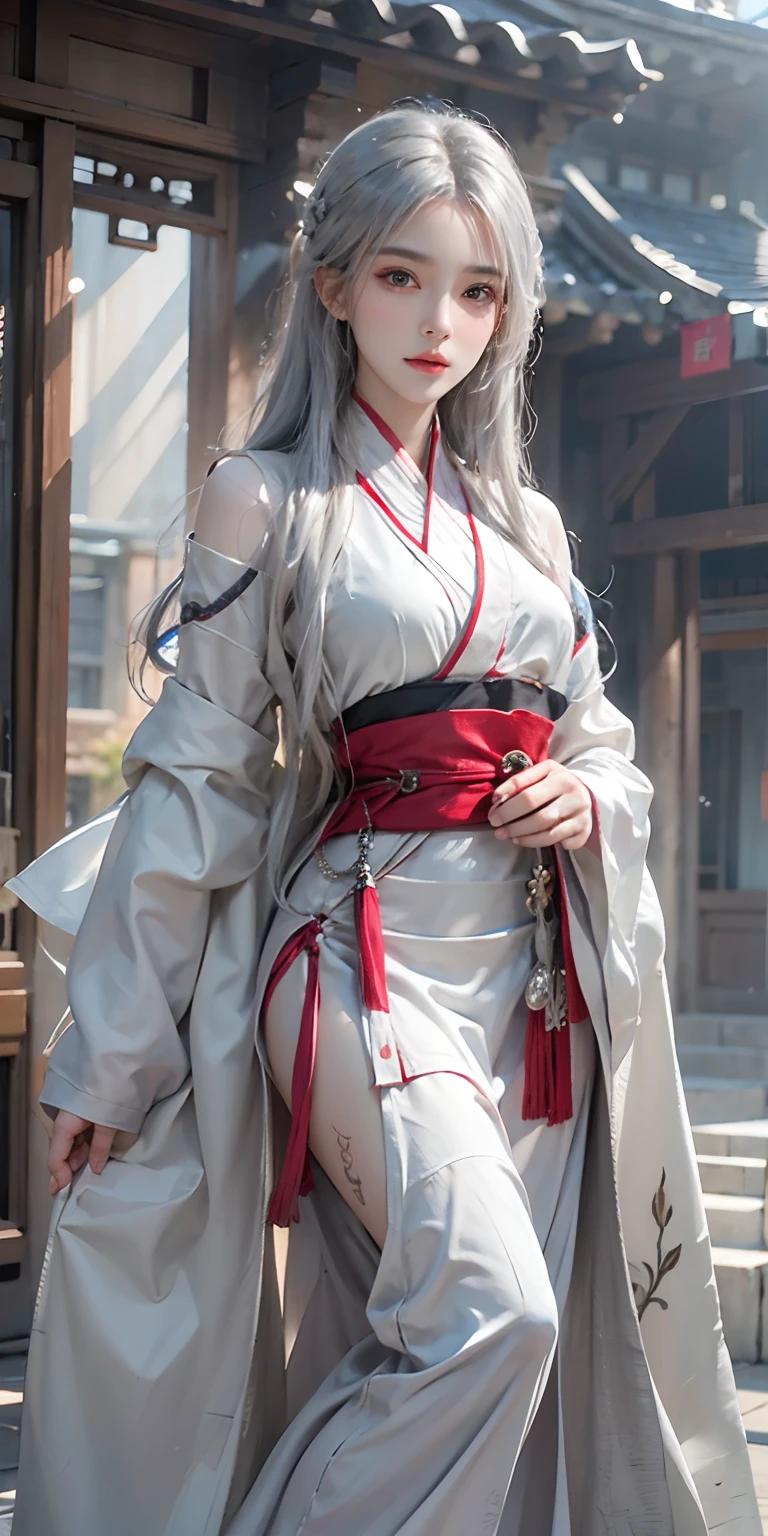 photorealistic, high resolution, soft light,1women, solo, hips up, look at viewer, (detailed face), long hair, silver hair, bright eyes, kunfu hanfu, cloak, tattoo, jewelry
