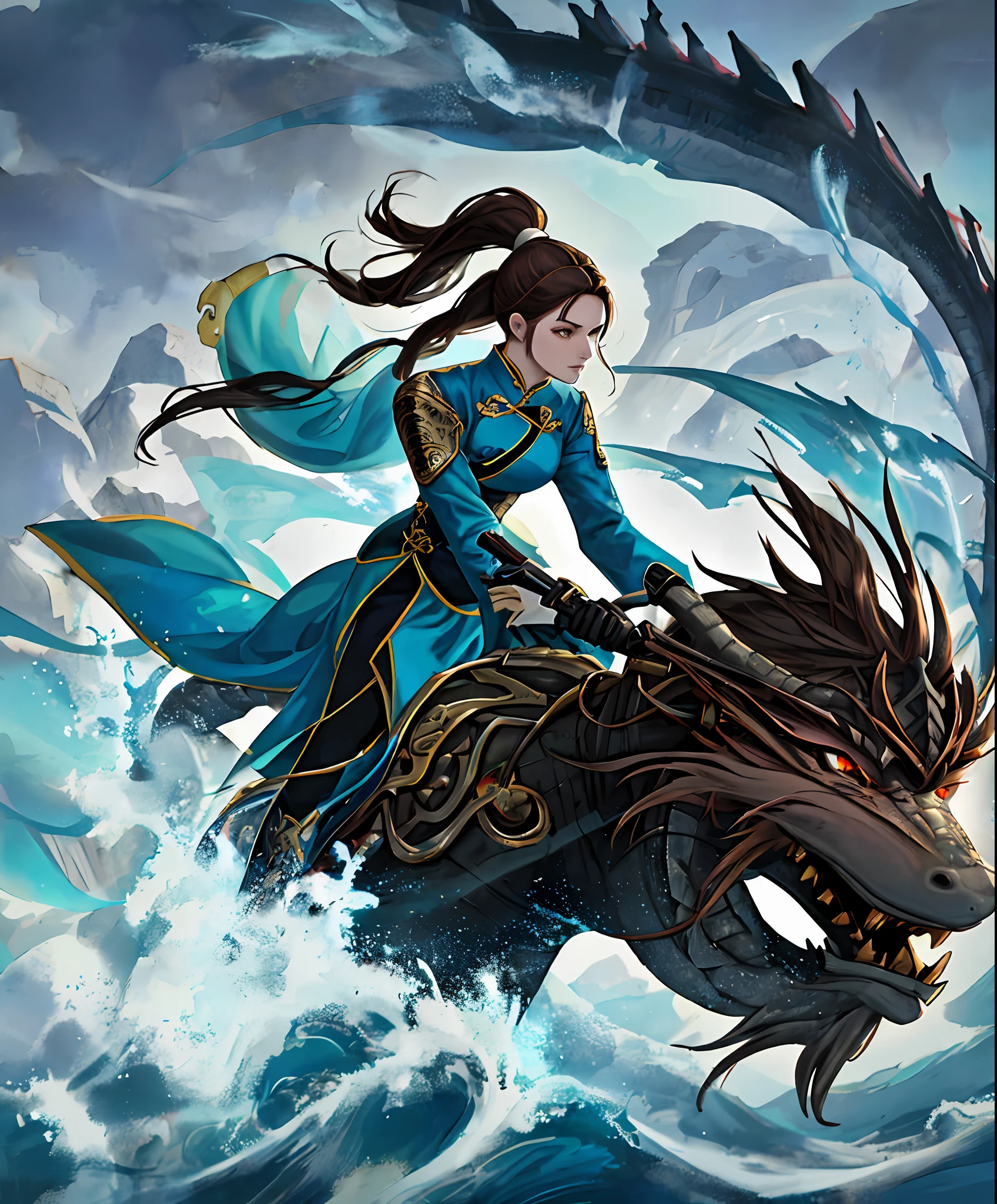 one-girl,Skin highlight,The texture is strong,Close-up of people,High ponytail,knight-errant,brunette color hair,flowy,Flowing ink,Spread out energy,Riding a Chinese dragon,Landscape waterfall in background,Global illumination,rich details