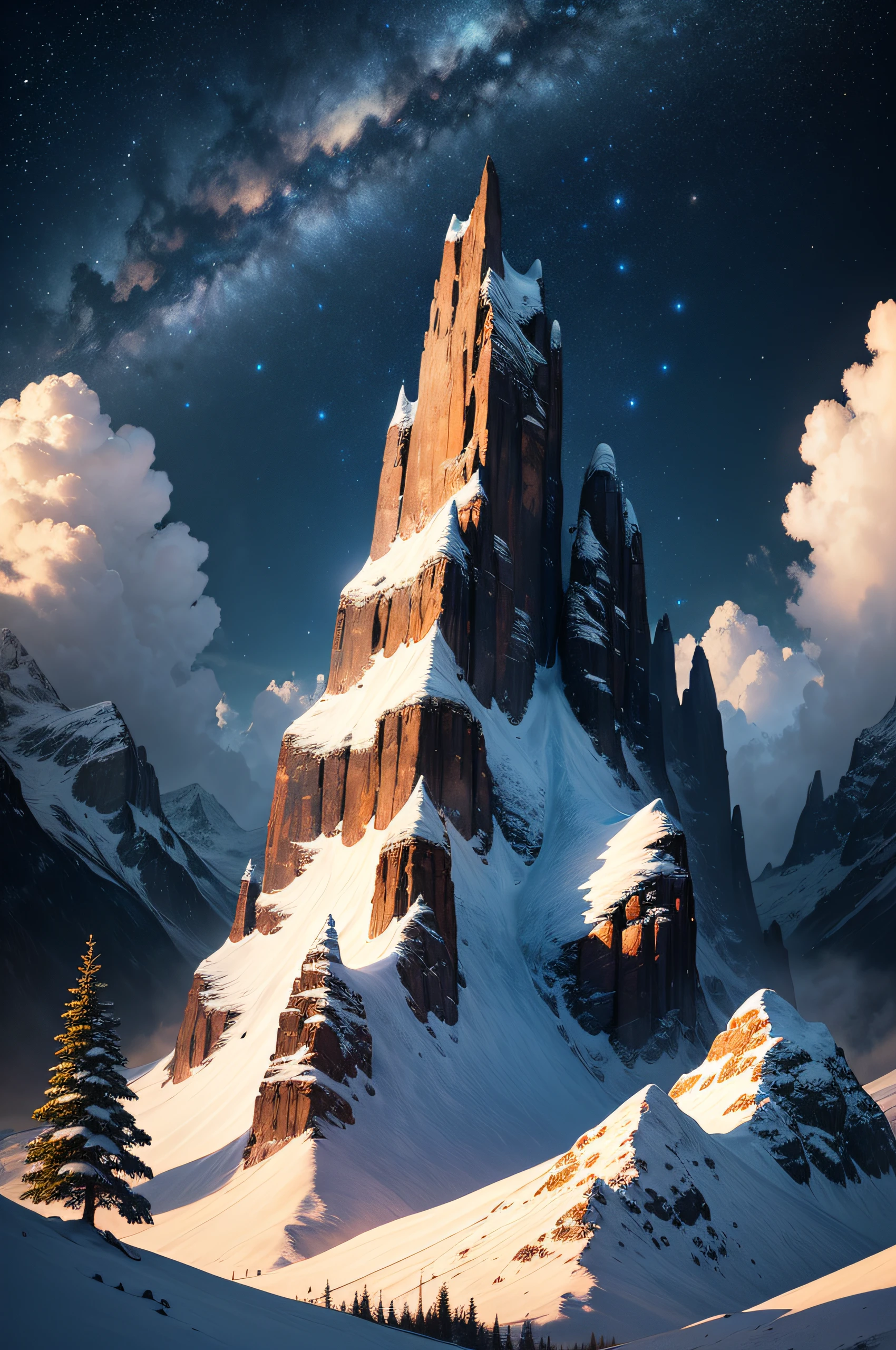 Design an awe-inspiring scene showcasing the untamed wilderness, featuring a towering mountain range bathed in the glow of a breathtaking starry night sky. --auto