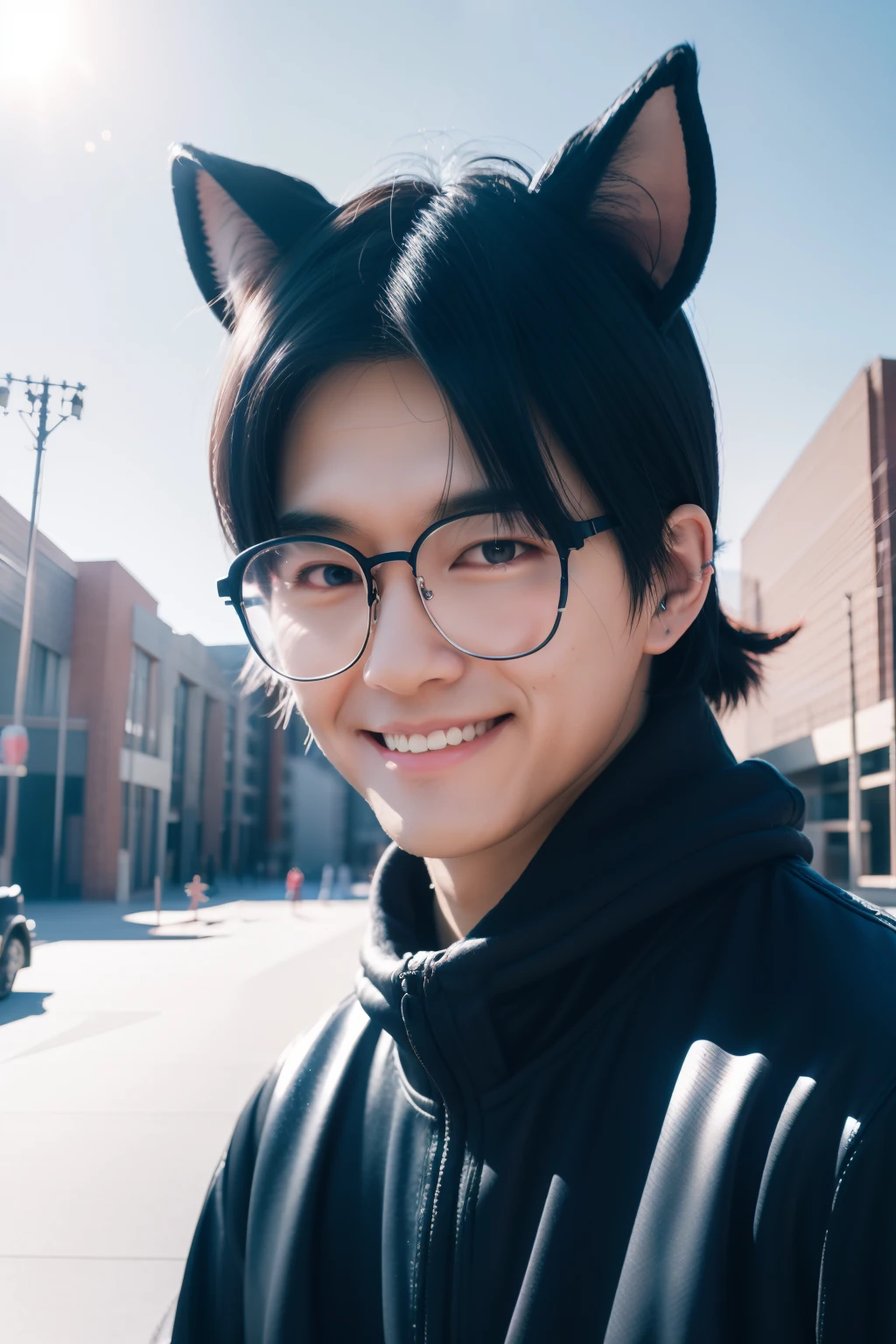 black hair, hair bobbles, wince, longeyelashes, solid circle eyes, fake animal ears, light smile, ear blush, fang, Surrealism, drop shadow, anaglyph, stereogram, tachi-e, pov, atmospheric perspective, Surrealism, cinematic lighting, 8k, super detail, ccurate, best quality