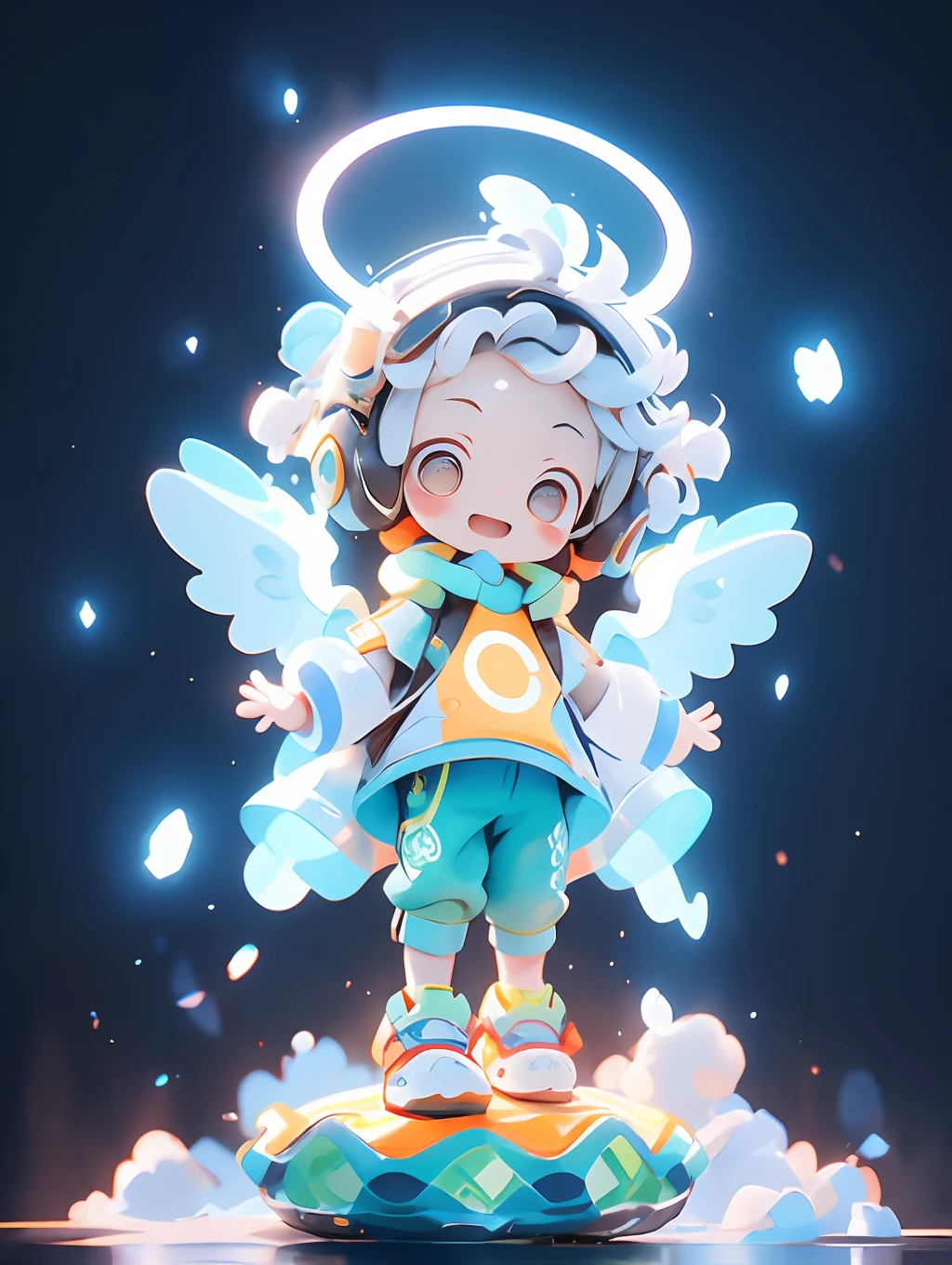 Shota，White color hair ，male people，Q version，（toddlers，baby）， adolable， standing on your feet， Master masterpieces， A high resolution，8K，detailedbackground，high high quality，Libido boy，（（（独奏））），(Angel wings，angelic halo，White clothes，The barefoot：0.6)，looking at viewert，angle of view，From above，Dreamlike，magical，baiyun，（Warm light source：1.2），upper sky，On the clouds，A happy expression，shorter pants