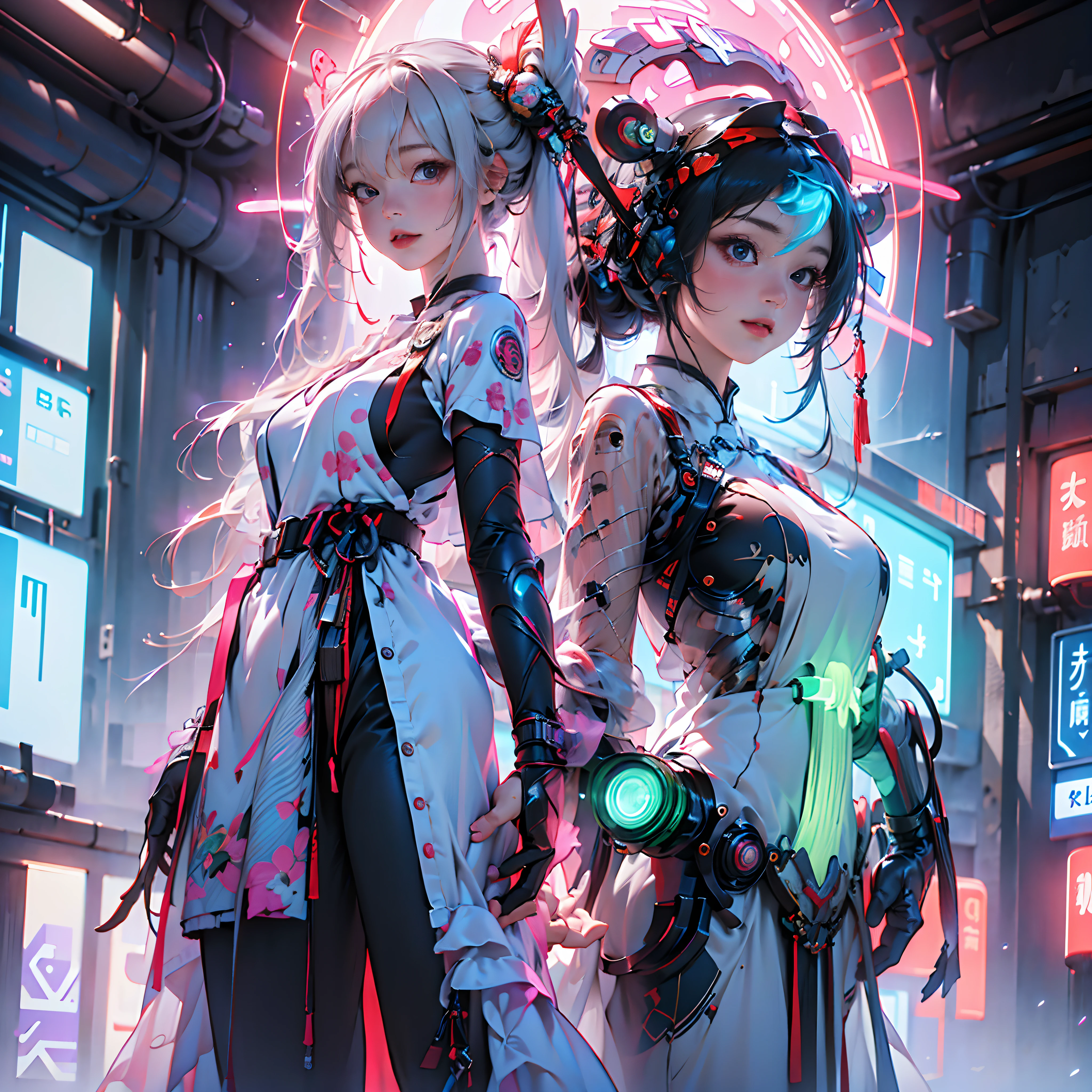 1 girl solo, perfect_hand, (8k, RAW photo, best quality, masterpiece:1.2), (realistic, photo-realistic:1.4), (extremely detailed CG unity 8k wallpaper),full body, (neon lights:1.2), machop, mechanical arms,mecha, hanfu, Chinese clothes, dress,