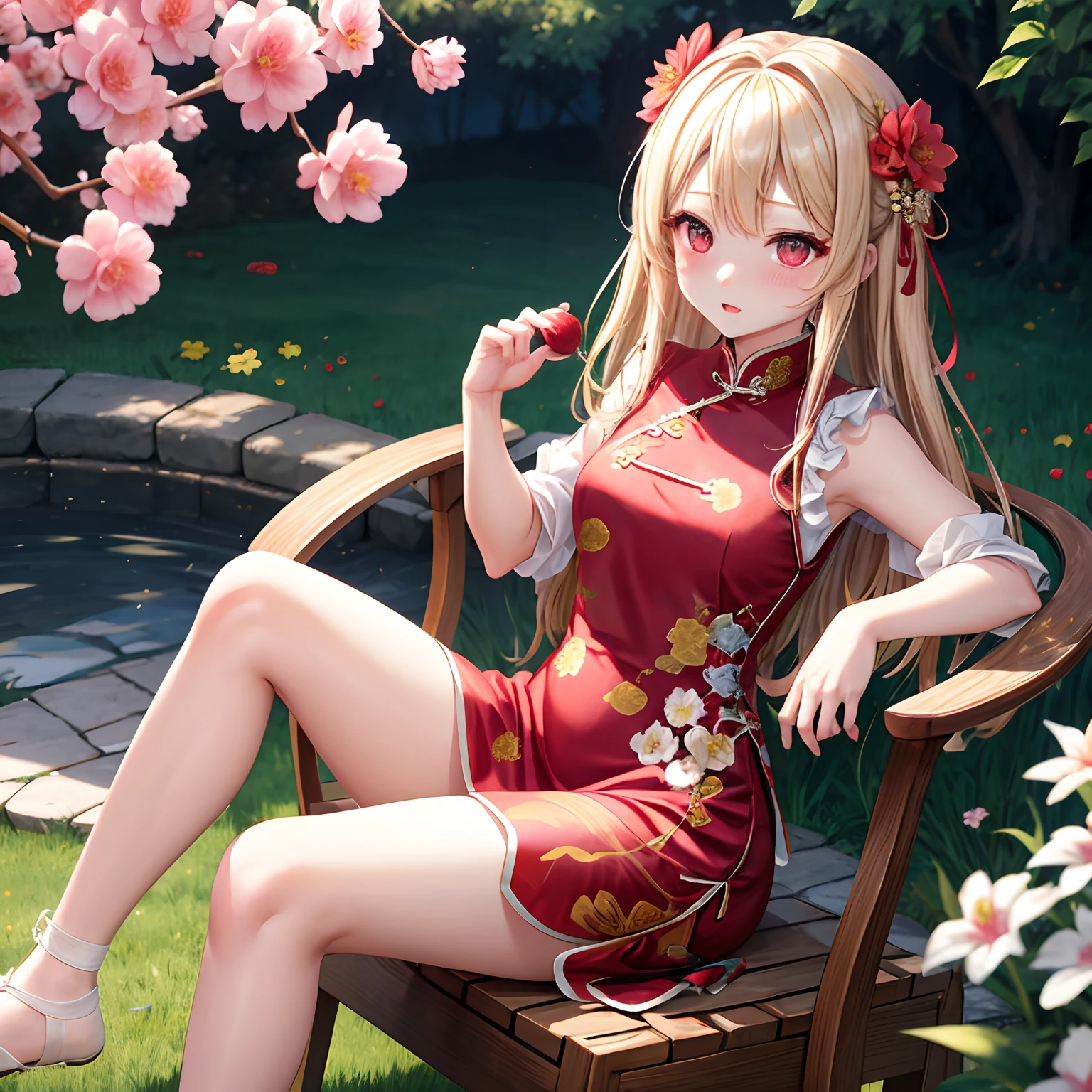 a blond、red eyes、One pretty girl、独奏、animesque、flower  field、red blush、qipao dress、Sitting on a chair、Underwear is slightly visible