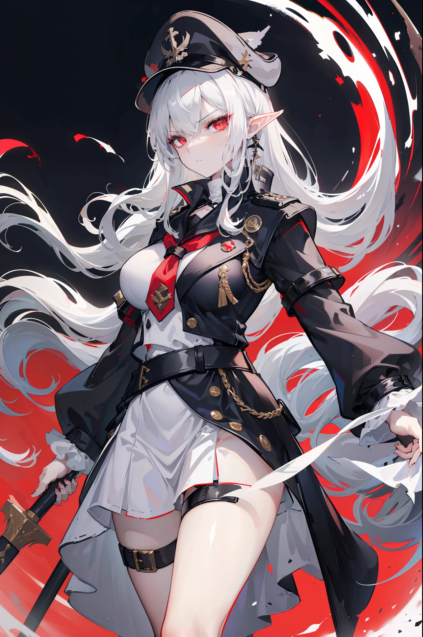 (masterpiece), best quality, expressive eyes, perfect face, sharp eyes, 1girl, solo, medium height, young adult, young woman, big boobs, (long hair, white hair, side locks, bangs, wavy hair), (red eyes, death glare, serious, menacing, leadership aura, glowing eye), average height, medium height, heels, black skirt, white trims on skirt, (black sailor cap, captain's hat, black cap), (black cape, red underside of cape, accessories, medieval, 19th century, black sailor uniform, vintage styled outfits, white middle, red ribbon, (tie, badge, captain, soldier, fleet admiral, pointed ears, elf ears, pointed ear, bangs), (sheathed scabbard, sheathed weapon, scabbard), (belt on waist, belt around waist, strap, belt)