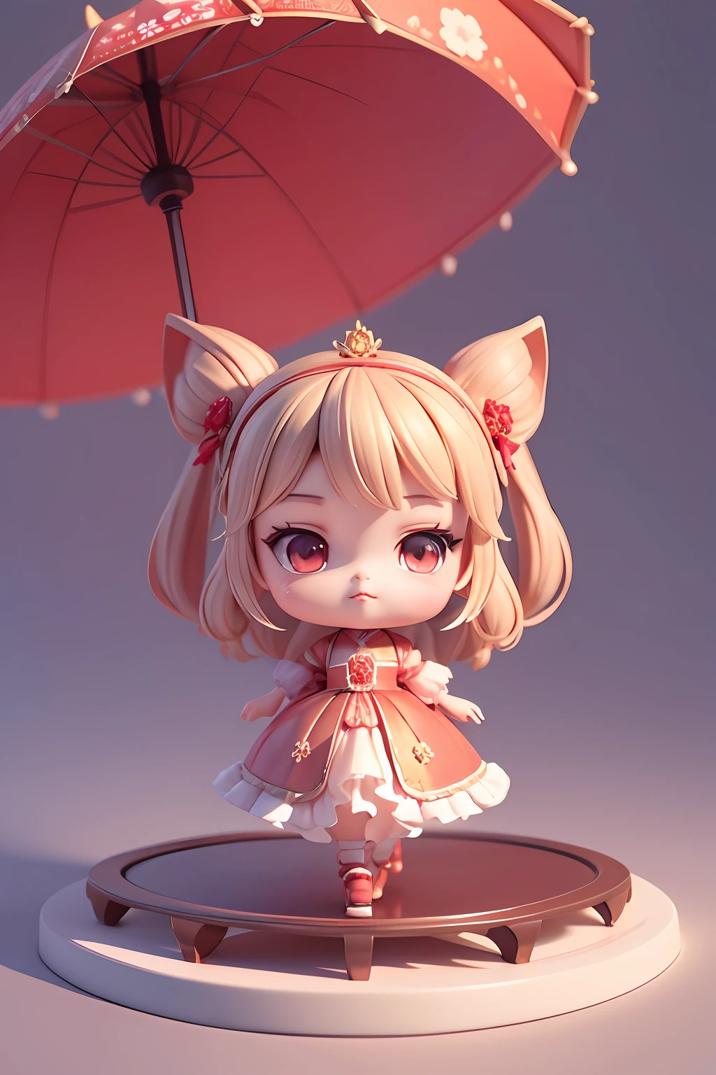 A cute little girl in a red dress,Like a princess,extremely cute,Detailed rendering with 3D rendering techniques,Stylized representation of digital art。Render a cute 3D anime girl,Stylized presentation,A cute ceramic doll and a super detailed fantasy character appear at the same time,are rendered in stylized 3D renderings。Cute images of forest creatures and digital art will also appear,The background depicts the atmosphere of April。