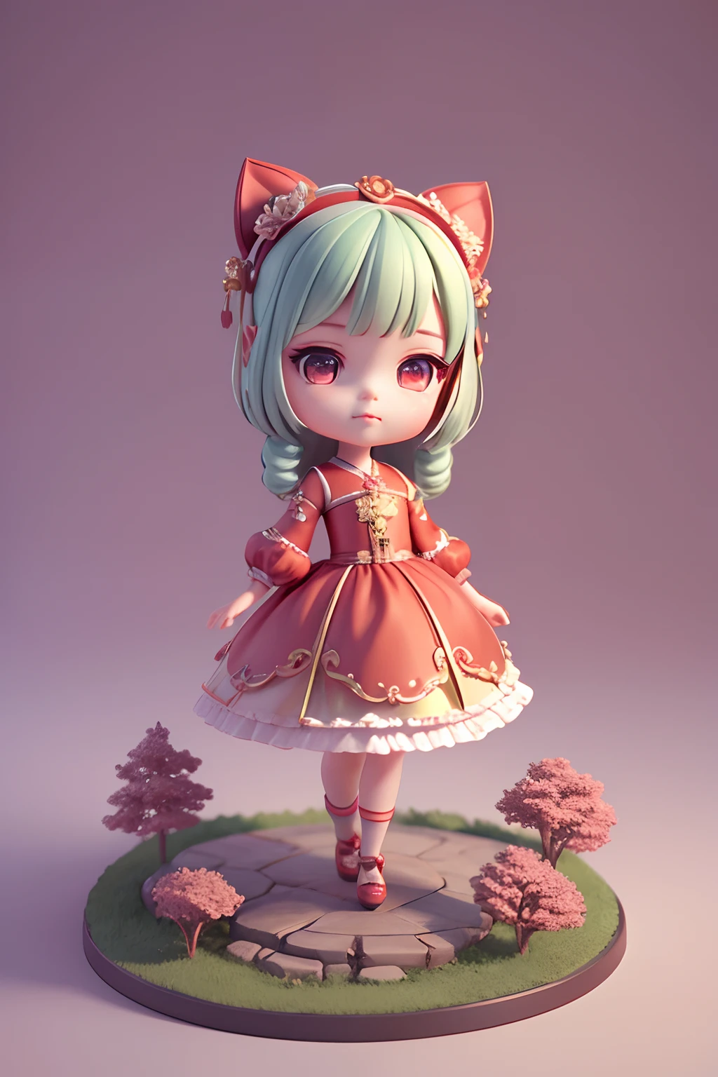 A cute ****** girl in a red dress，Like a princess，extremely cute，Detailed rendering with 3D rendering techniques，Stylized representation of digital art。Render a cute 3D anime girl，Stylized presentation，A cute ceramic doll and a super detailed fantasy character appear at the same time，are rendered in stylized 3D renderings。Cute images of forest creatures and digital art will also appear，The background depicts the atmosphere of April。