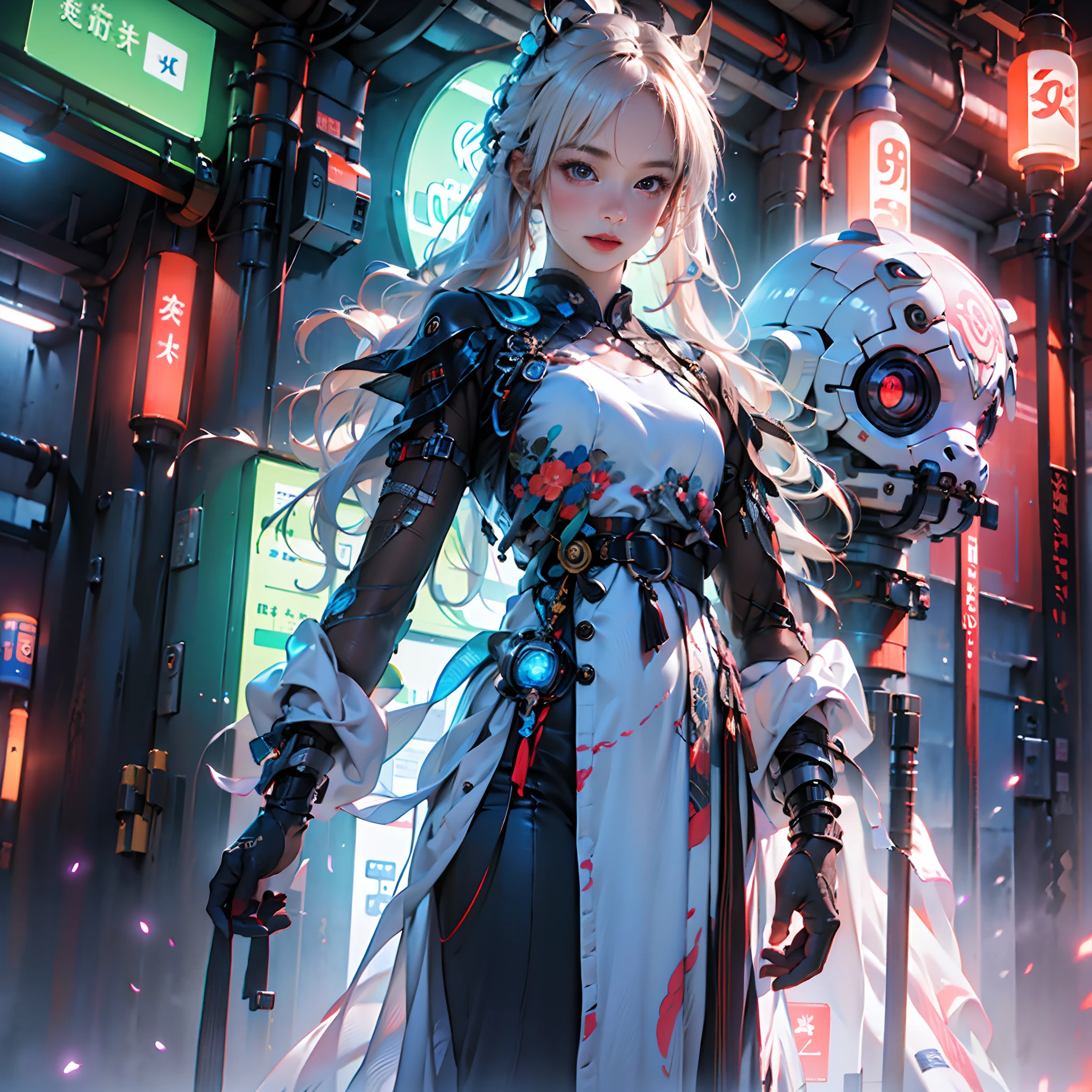 1 girl solo, perfect_hand, (8k, RAW photo, best quality, masterpiece:1.2), (realistic, photo-realistic:1.4), (extremely detailed CG unity 8k wallpaper),full body, (neon lights:1.2), machop, mechanical arms,mecha, hanfu, Chinese clothes, dress,