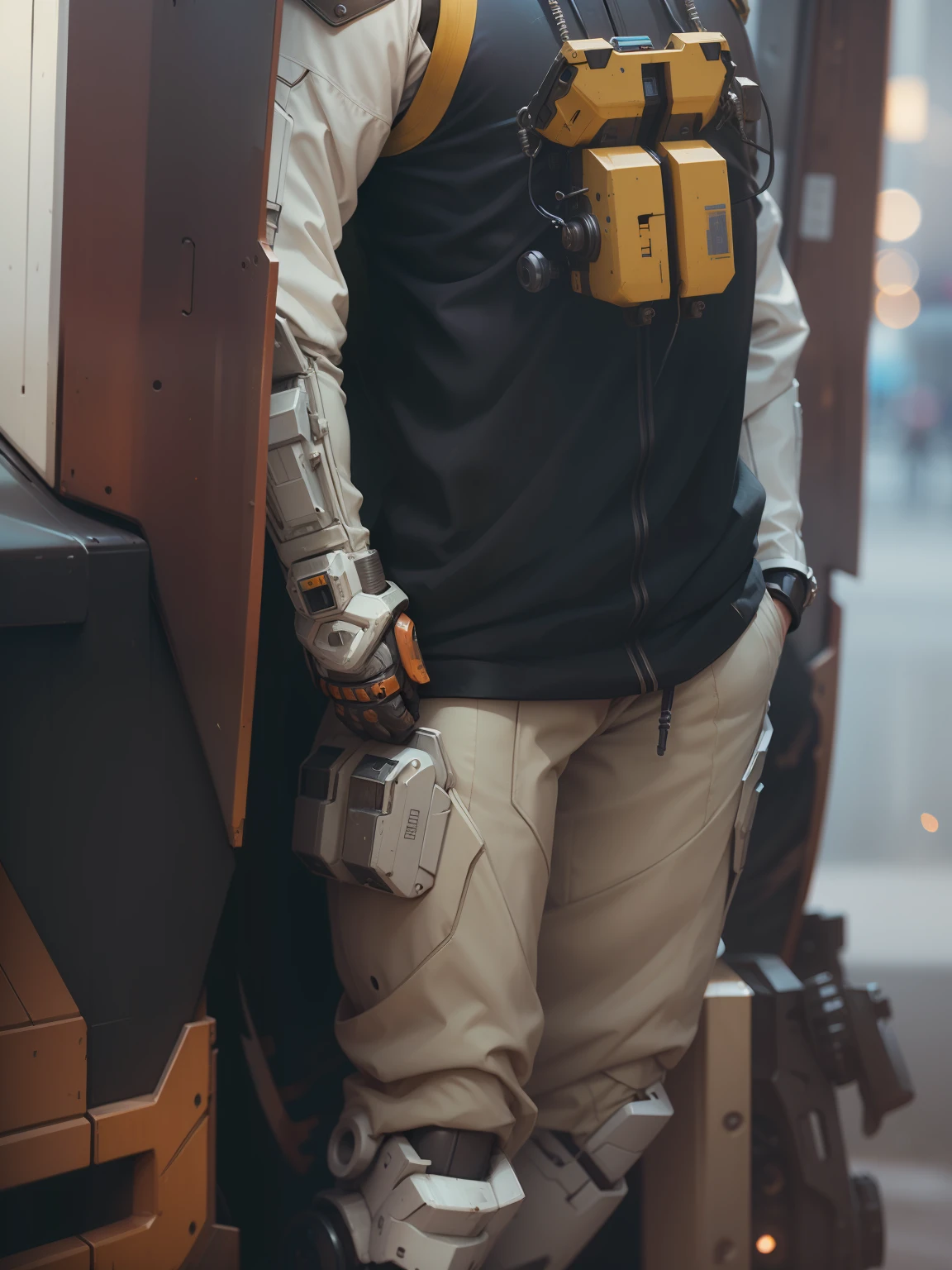 Portrait photo of an handsome male  ,perfect eyes ,  in a worn mecha exosuit,((light bokeh)), intricate, (steel metal [rust]), elegant, sharp focus, photo by greg rutkowski, soft lighting, vibrant colors, masterpiece, ((streets)), detailed face