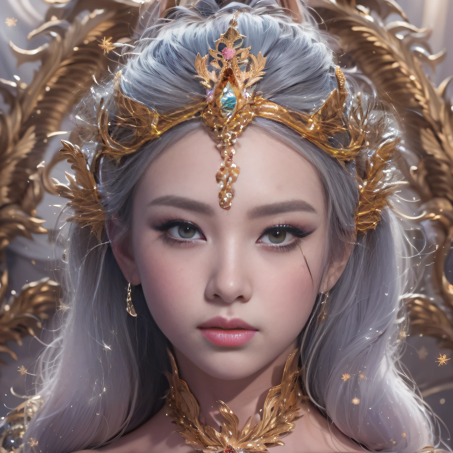 16k(tmasterpiece,k hd,hyper HD,16k)short detailed hair,Gold jewelry area in the back room,King Girl ,Silver Dragon Protector (realisticlying:1.4),Python pattern robe,Purple-pink tiara,Snowflakes fluttering,The background is pure,Hold your head high,Be proud,The nostrils look at people, A high resolution, the detail, RAW photogr, Sharp Re, Nikon D850 Film Stock Photo by Jefferies Lee 4 Kodak Portra 400 Camera F1.6 shots, Rich colors, ultra-realistic vivid textures, Dramatic lighting, Unreal Engine Art Station Trend, cinestir 800,Hold your head high,Be proud,The nostrils look at people