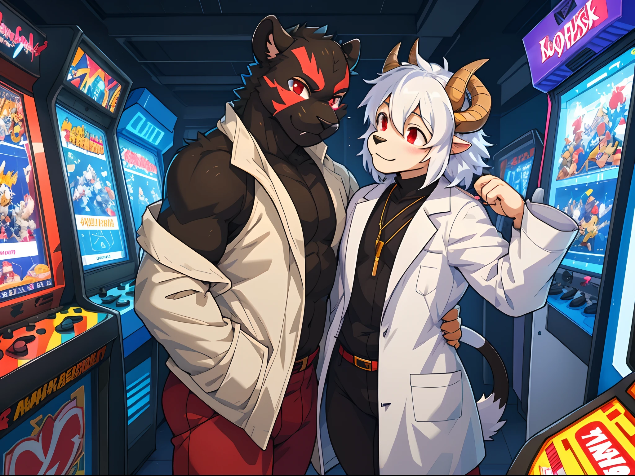 trending on pixiv, (masterpiece), (anime), (male_only) (furry), (couple picture), (2characters: a {black fur panther with red eyes dressed as an arcade gamer}, a {skinny biological scientist professor: white hair sheep with demon horns and dressed with a white coat and goggles.}), romantic couple pose, (small build), (tail), (visible fur paws), (round butt), aroused, hearts, EasyPositive