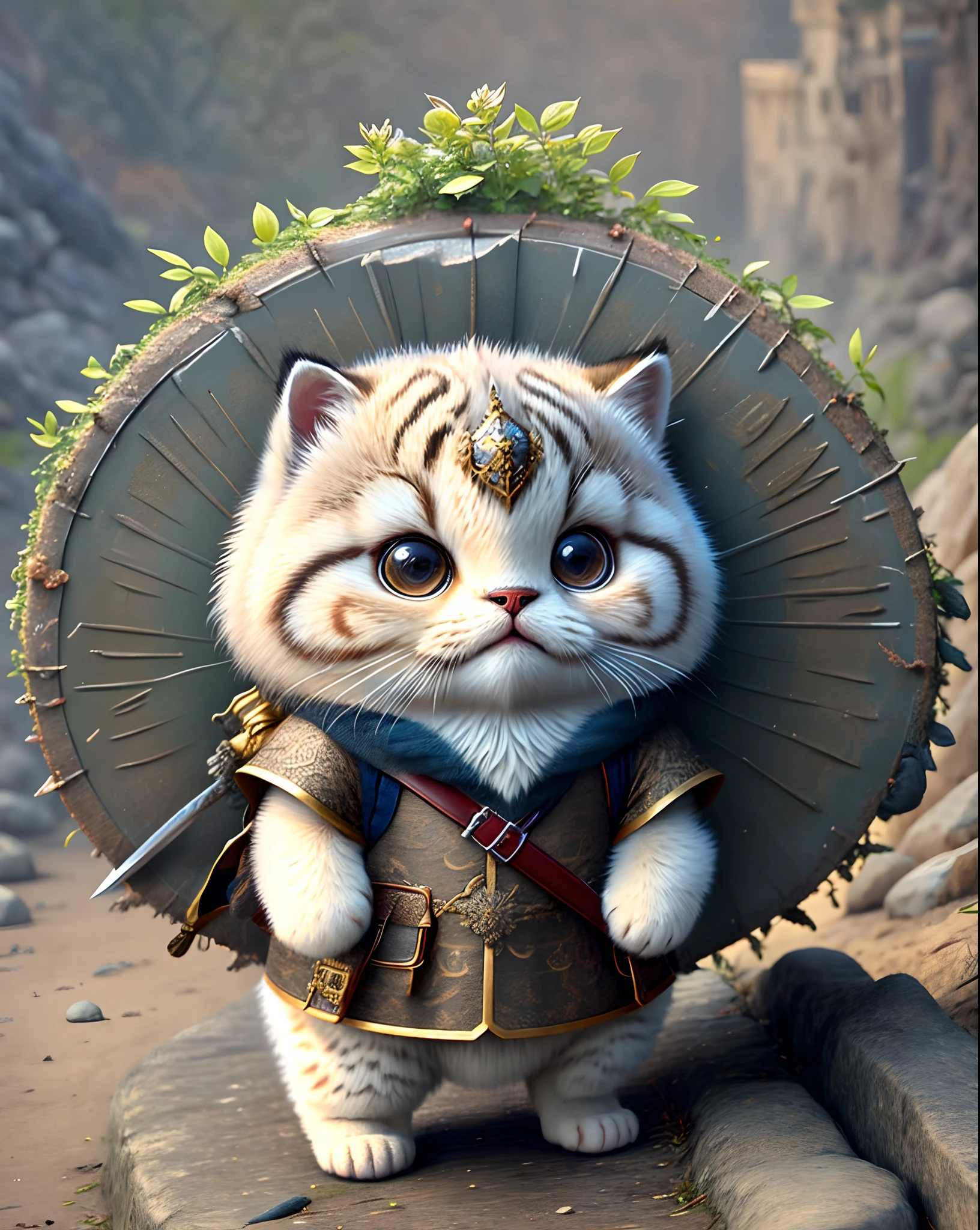 Top image quality、"Create a masterpiece of cute creatures. (Manul cat), high detailing, in 8K、Top image quality、Dressed as an adventurer、Holding a sword and shield in your hand、