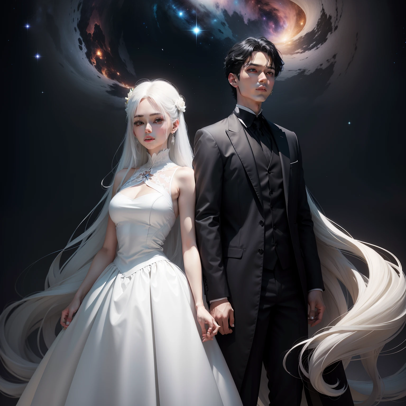 Leo and Virgo,universe background,A white dress with black hair,A black dress with white hair