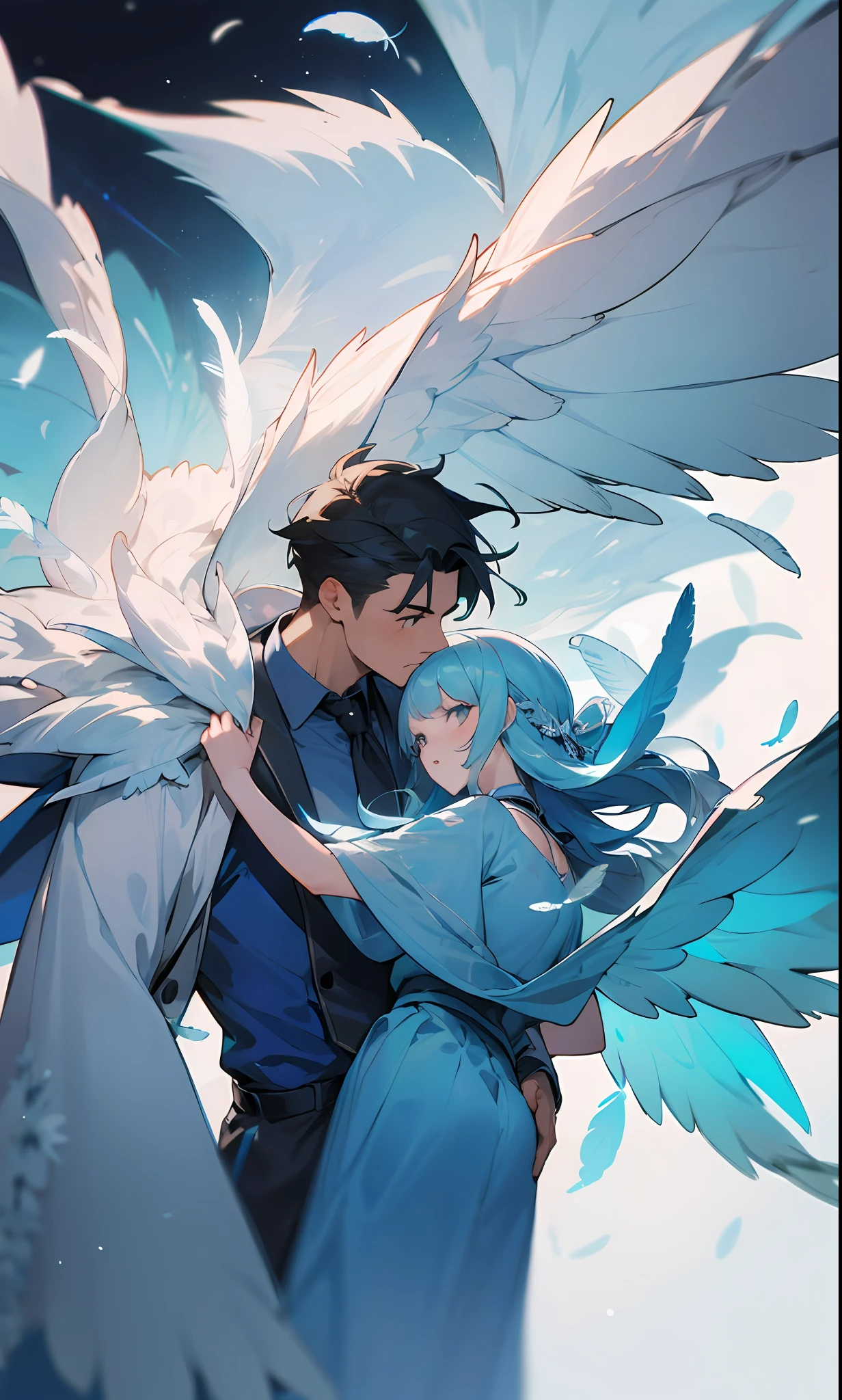 A man and a girl in light blue clothes with a lot of feathers