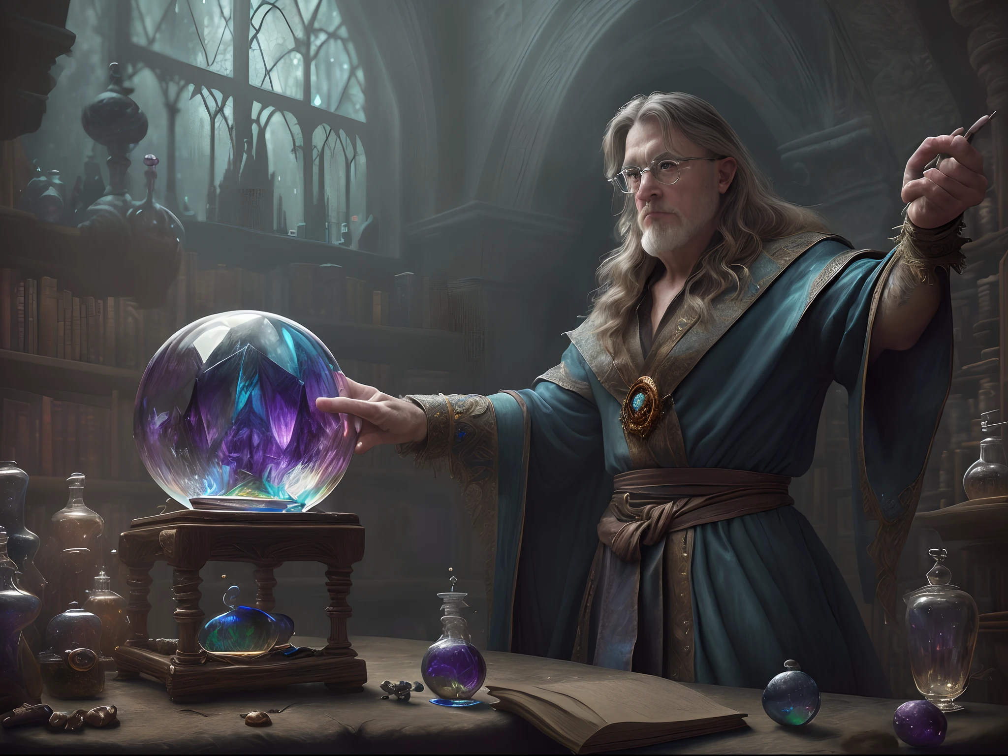 high details, best quality, 8k, [ultra detailed], masterpiece, best quality, (extremely detailed), dynamic angle, ultra wide shot, photorealistic, RAW, fantasy art, dnd art, fantasy art, realistic art, a wide angle view wallpaper of a wizard (intense details, Masterpiece, best quality: 1.5) looking into his crystal ball (intense details, Masterpiece, best quality: 1.5), casting a spell in his magical laboratory, human male wizard, fantasy wizard (intense details, Masterpiece, best quality: 1.5), D&D wizard, young human male (intense details, Masterpiece, best quality: 1.5), [[anatomically correct]], dynamic hair, dynamic eyes, wearing magical robe (intense details, Masterpiece, best quality: 1.5), dynamic colors, ultra detailed face (intense details, Masterpiece, best quality: 1.5), manipulating blue magical energy, in his laboratory (intense details, Masterpiece, best quality: 1.5), many magical tomes, magical library (intense details, Masterpiece, best quality: 1.5),  many magical vials, ultra wide angle from a medium distance,