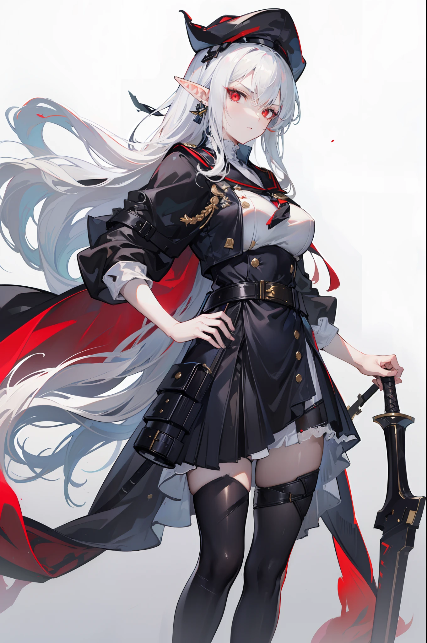 (masterpiece), best quality, expressive eyes, perfect face, sharp eyes, 1girl, solo, medium height, young adult, young woman, big boobs, (long hair, white hair, side locks, bangs, wavy hair), (red eyes, death glare, serious, menacing, leadership aura, glowing eye), average height, medium height, heels, black skirt, white trims on skirt, (black sailor cap, captain's hat, black cap), (black cape, red underside of cape, accessories, medieval, 19th century, black sailor uniform, vintage styled outfits, white middle, red ribbon, (tie, badge, captain, soldier, fleet admiral, pointed ears, elf ears, pointed ear, bangs), (sheathed scabbard, sheathed weapon, scabbard), (belt on waist, belt around waist, strap, belt)