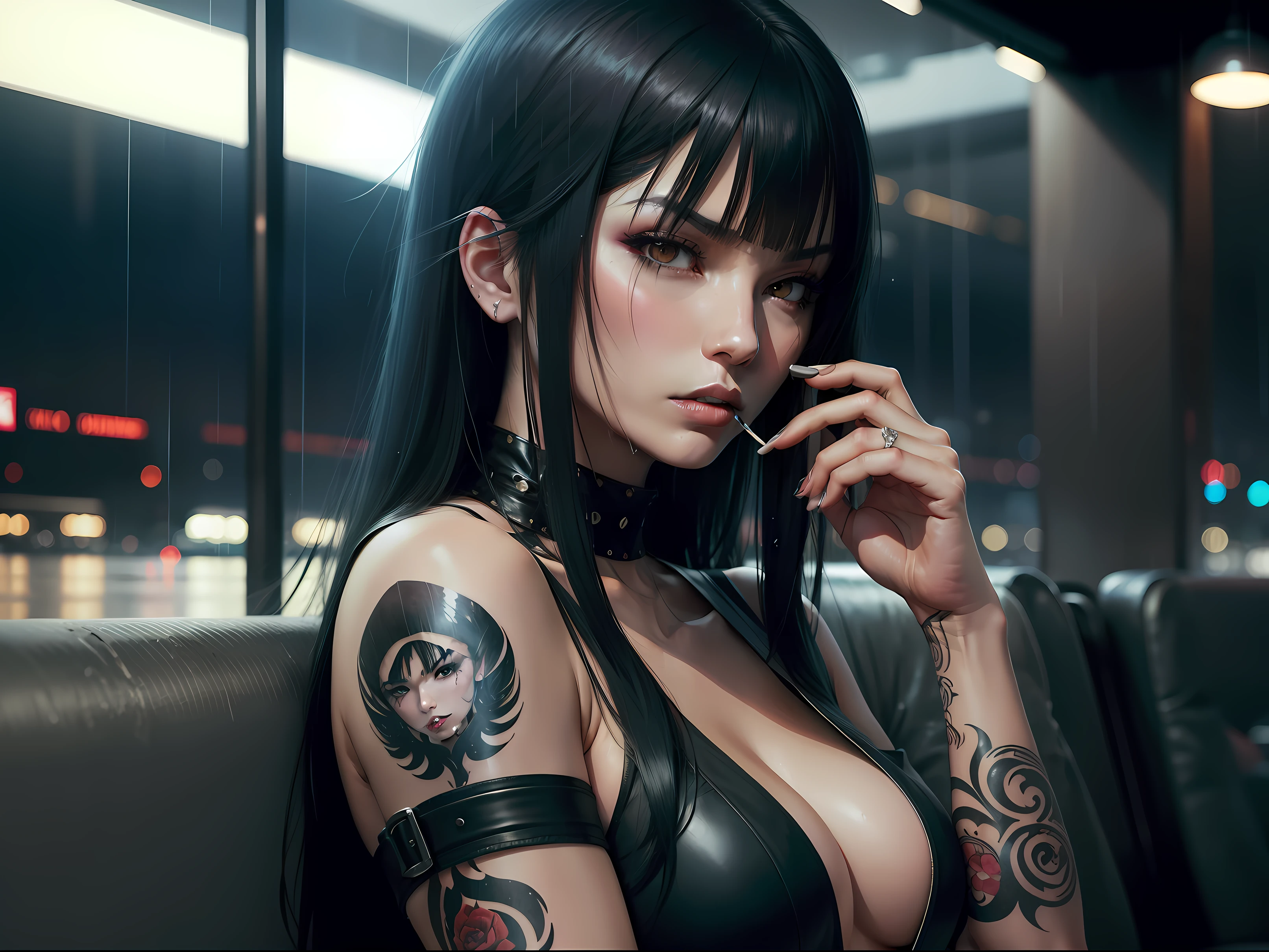 Night, rain, plane, airport, stars in the sky, girl, Gentiana from Final Fantasy, 30 years old, angry, long black hair with bangs, heme cut hairstyle, blood on face, tattoo on body, cigarette, sad, dark