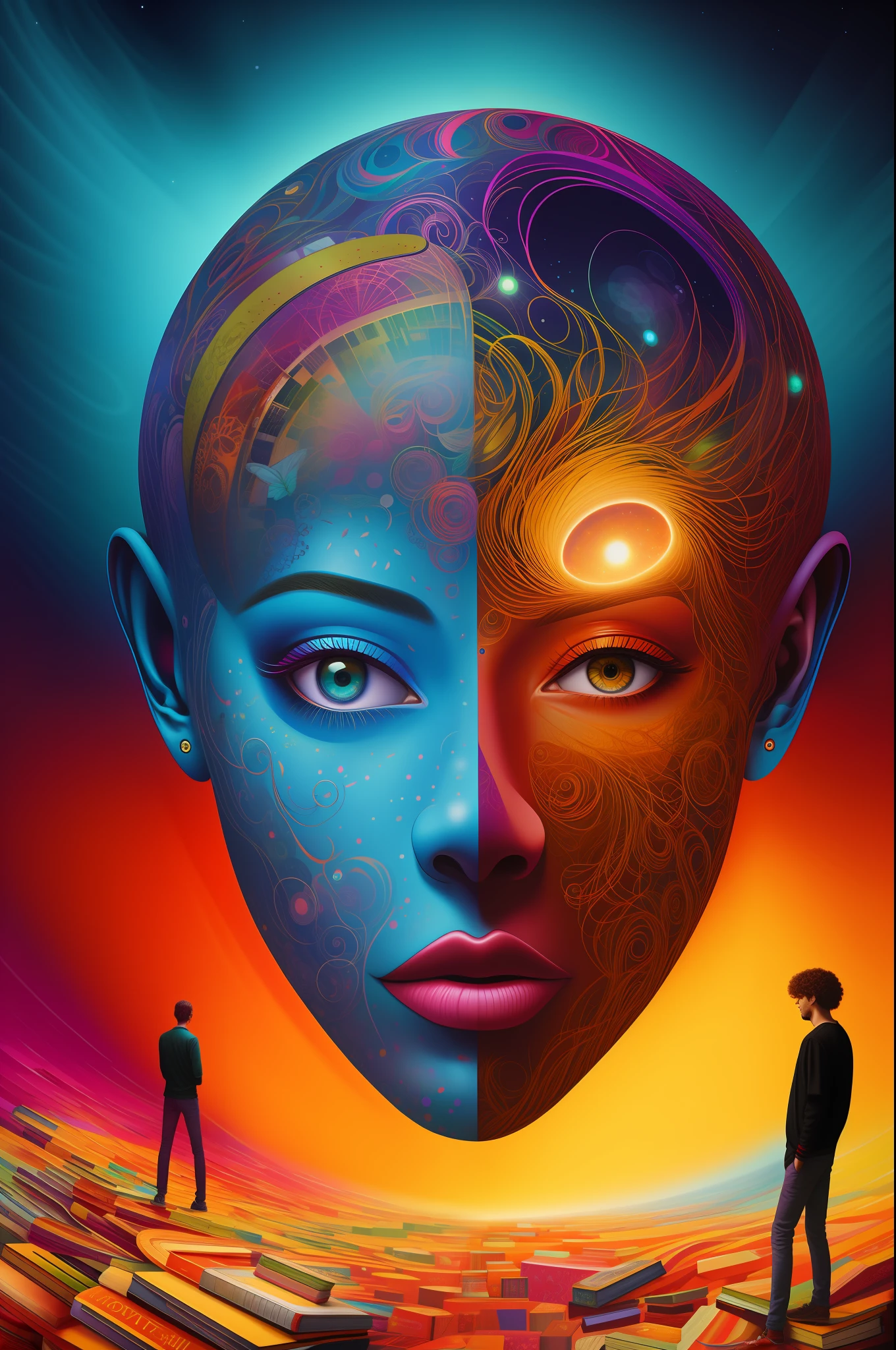 a painting of a giant head with many books, psychedelic surreal art, estilo dan mumford e alex grey, psychedelic illustration, hyper detailed visionary art, Hyper Visionary Art - Detailed, psychedelic artwork, surreal + altamente detalhado, arte digital altamente detalhada 4k, arte psytrance, Directed by: Justino Geraldo, arte digital detalhada 4K, Arte Trippy, Surreal psychedelic design, Livros em segundo plano, desenho camiseta