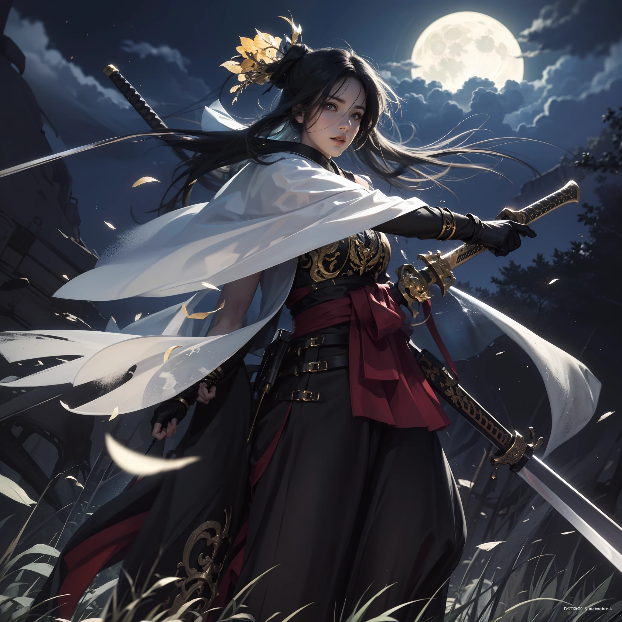 Raw photography、8K、32K、top-quality、超A high resolution、beautiful faces detailed、Real Human Skin、Gentle expression、front-facing view、angle from bellow、length hair、realphoto、realisitic、Dual-wielding female swordsman illuminated by the moonlight of a dark night、combat pose、Red Eyes、Blue eyes、Kimono with red floral pattern、Hakama with black gold floral pattern、Colossal tits。
