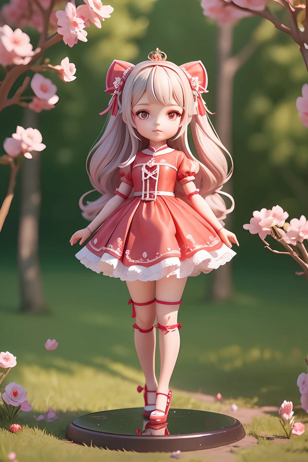 A cute little girl in a red dress，Like a princess，extremely cute，Detailed rendering with 3D rendering techniques，Stylized representation of digital art。Render a cute 3D anime girl，Stylized presentation，A cute ceramic doll and a super detailed fantasy character appear at the same time，are rendered in stylized 3D renderings。Cute images of forest creatures and digital art will also appear，The background depicts the atmosphere of April。