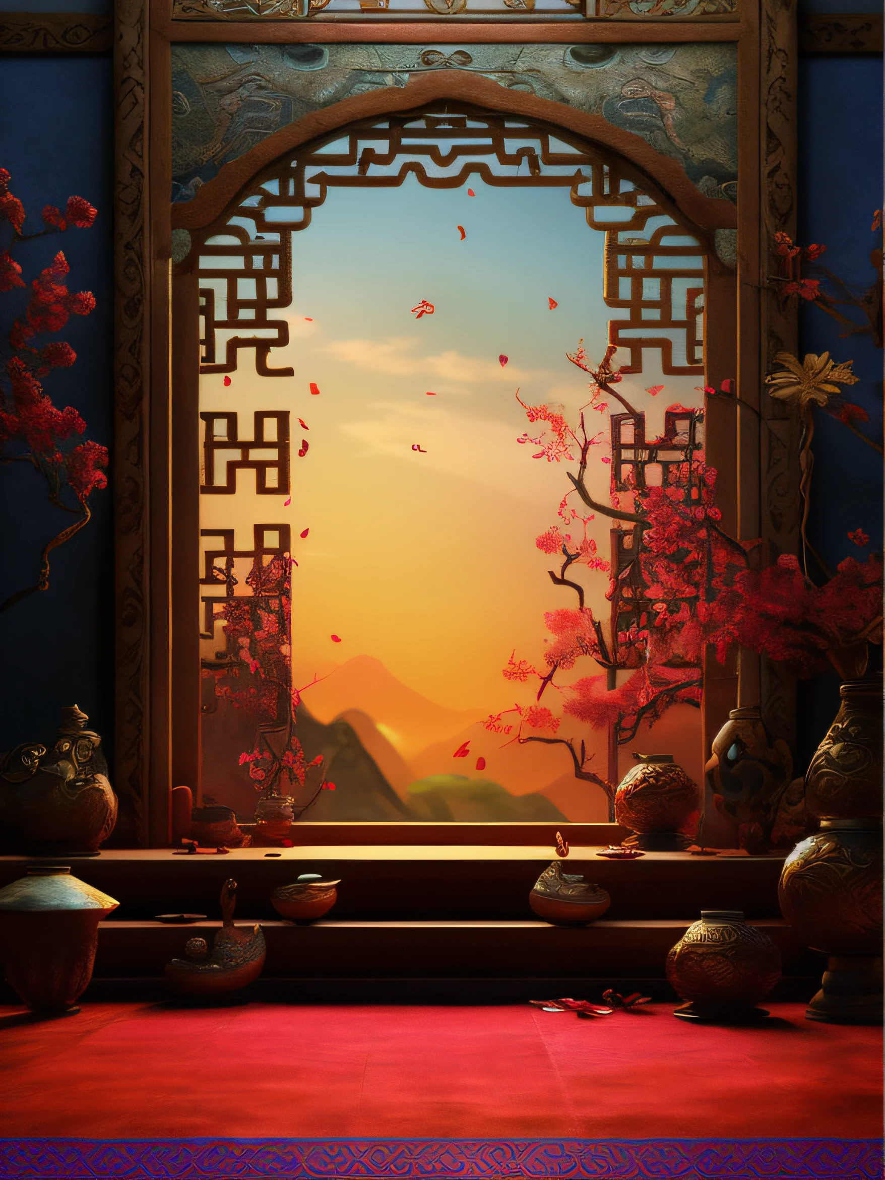 , oriental wallpaper, interior background art, background artwork, 8K high quality detailed art, Beautiful rendering of the Tang Dynasty, background depicting a temple, stunning arcanum backdrop, oriental scene, ornate backdrop, arte de fundo, Chinese style, Beautiful art UHD 4 K, 4k highly detailed digital art