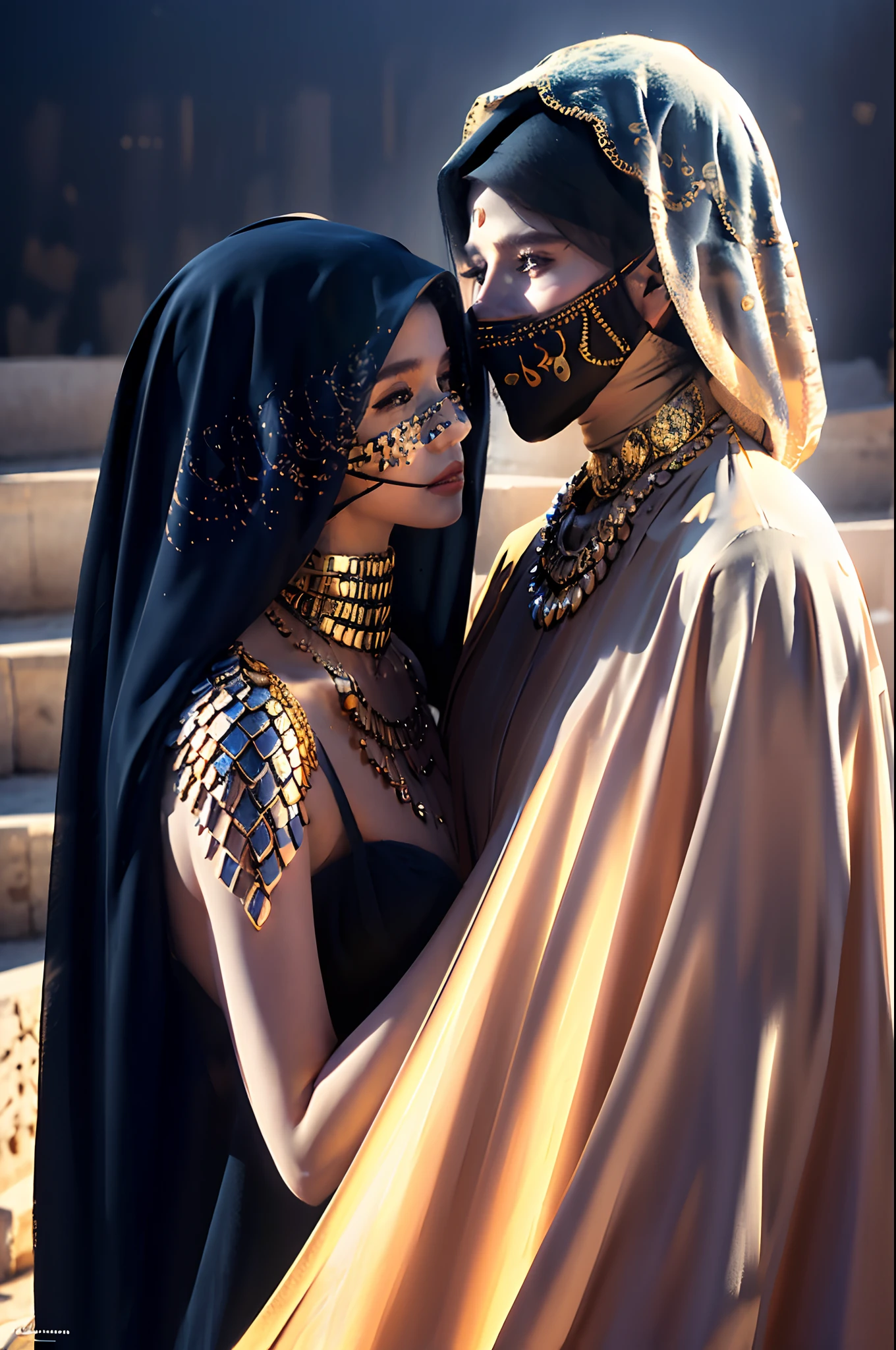 Full body portrait, panorama, modern style, two Arabian beauties in traditional luxury Arabian burqa, luxurious black veil masked, luxurious gold veil masked, both masked faces, hugging, kissing, veil across veil, mouth to mouth, veil meeting veil, in the golden desert, in front of a golden luxury tent, blue sky and white clouds, niqab, hijab burqa, tone mapping, detailed, highly detailed, smooth, sharp focus, beautiful illustration, photograph, backlight, dynamic lighting, fog, complex, film grain, professional, Facing the audience, volumetric lighting, underground scattering, good highlights, good shadows, film