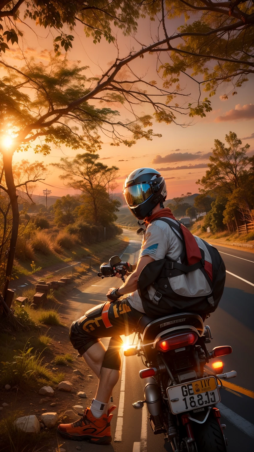 Best quality, realistic,alone road,during sun set, wearing helmet,ultra photography,8k,