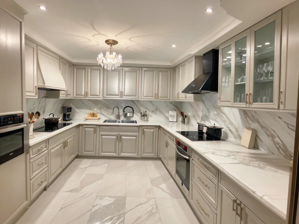 ，masterpiece, best quality，8k, ultra highres，Immerse yourself in this magical kitchen，The silky marble countertops exude an intoxicating aroma，Light and shadow jump under the inlaid crystal chandelier，It's like a fairyland。The metallic kitchenware shows the charm of modern technology，Each manually opened drawer is a surprise encounter，My expectations for food suddenly increased。