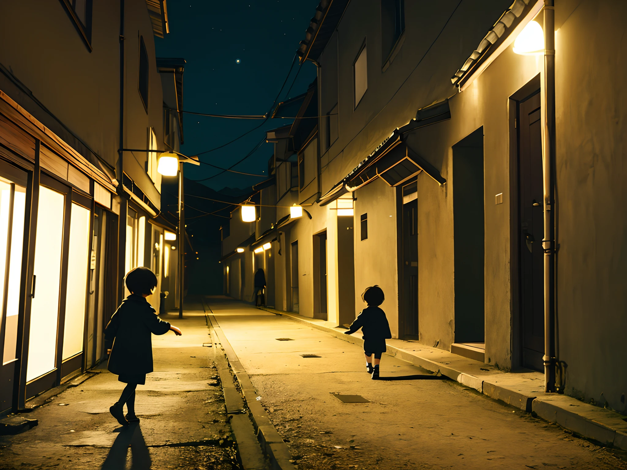 Incandescent Lamps,the night,Children run,mothers,zona rural,Very long shadow,Warm,Two children playing