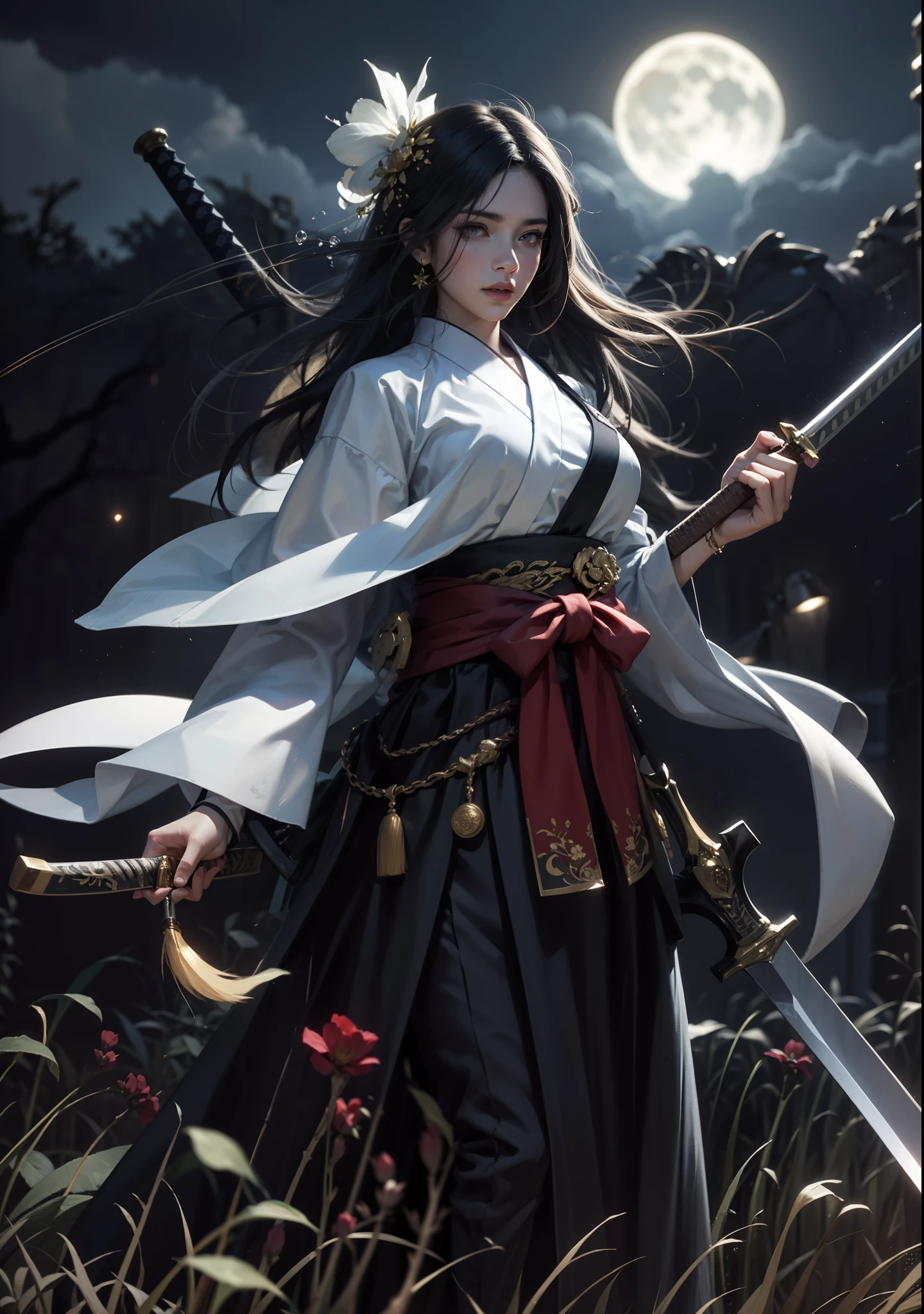 Raw photography、8K、32K、top-quality、超A high resolution、beautiful faces detailed、Real Human Skin、Gentle expression、front-facing view、angle from bellow、length hair、realphoto、realisitic、Dual-wielding female swordsman illuminated by the moonlight of a dark night、combat pose、Red Eyes、Blue eyes、Kimono with red floral pattern、Black Hakama、Golden Floral Hakama、Colossal tits。