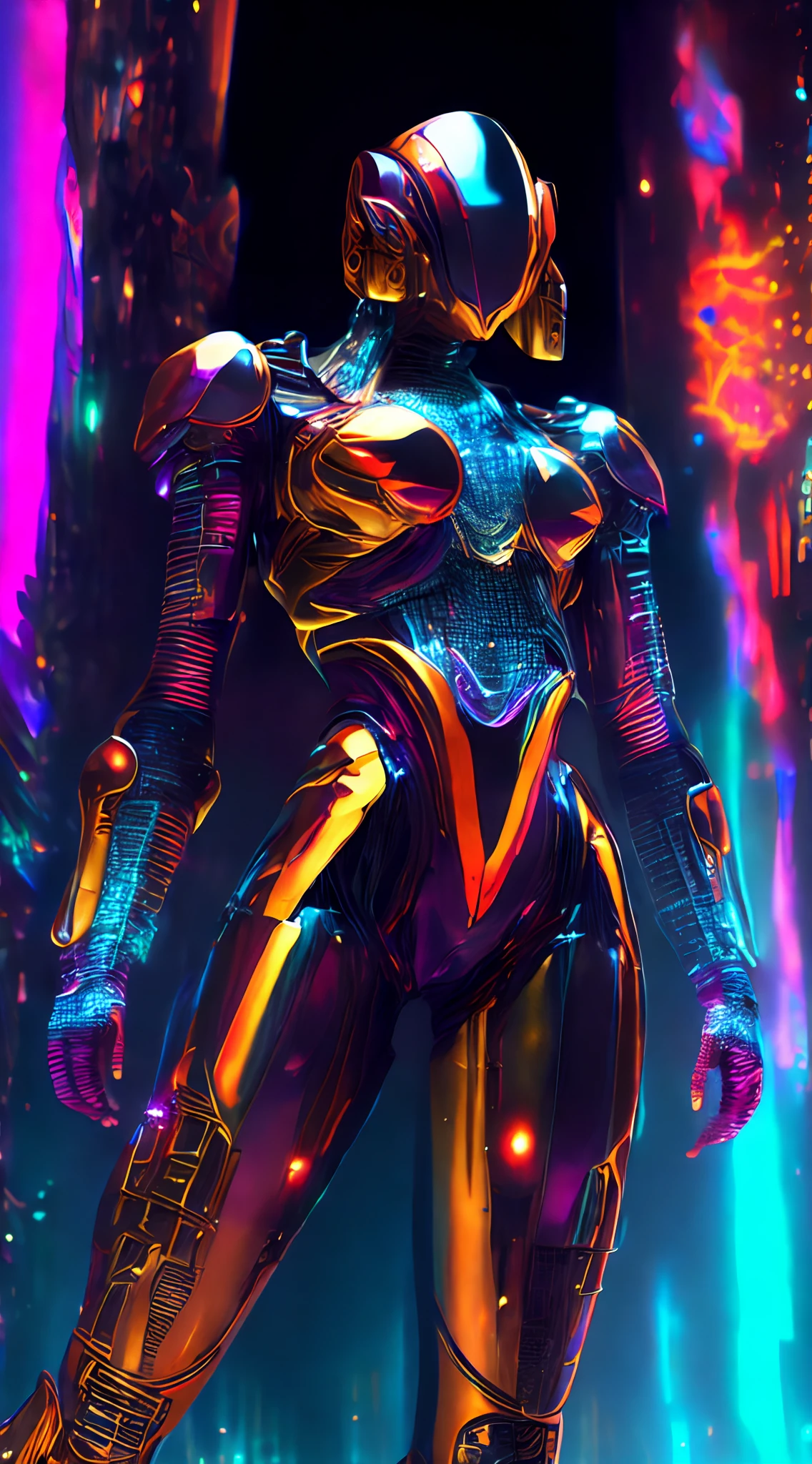 "ciborg, manipulaciones de la realidad, Combination of technology and humanity, entorno futurista, tonos ciberpunk, Neon lighting, distortion effects, detalles meticulosos, colores vibrantes, Shiny metallic suit, mirada intensa, Chaotic urban scenarios, Technological elements, Holographic reflections."