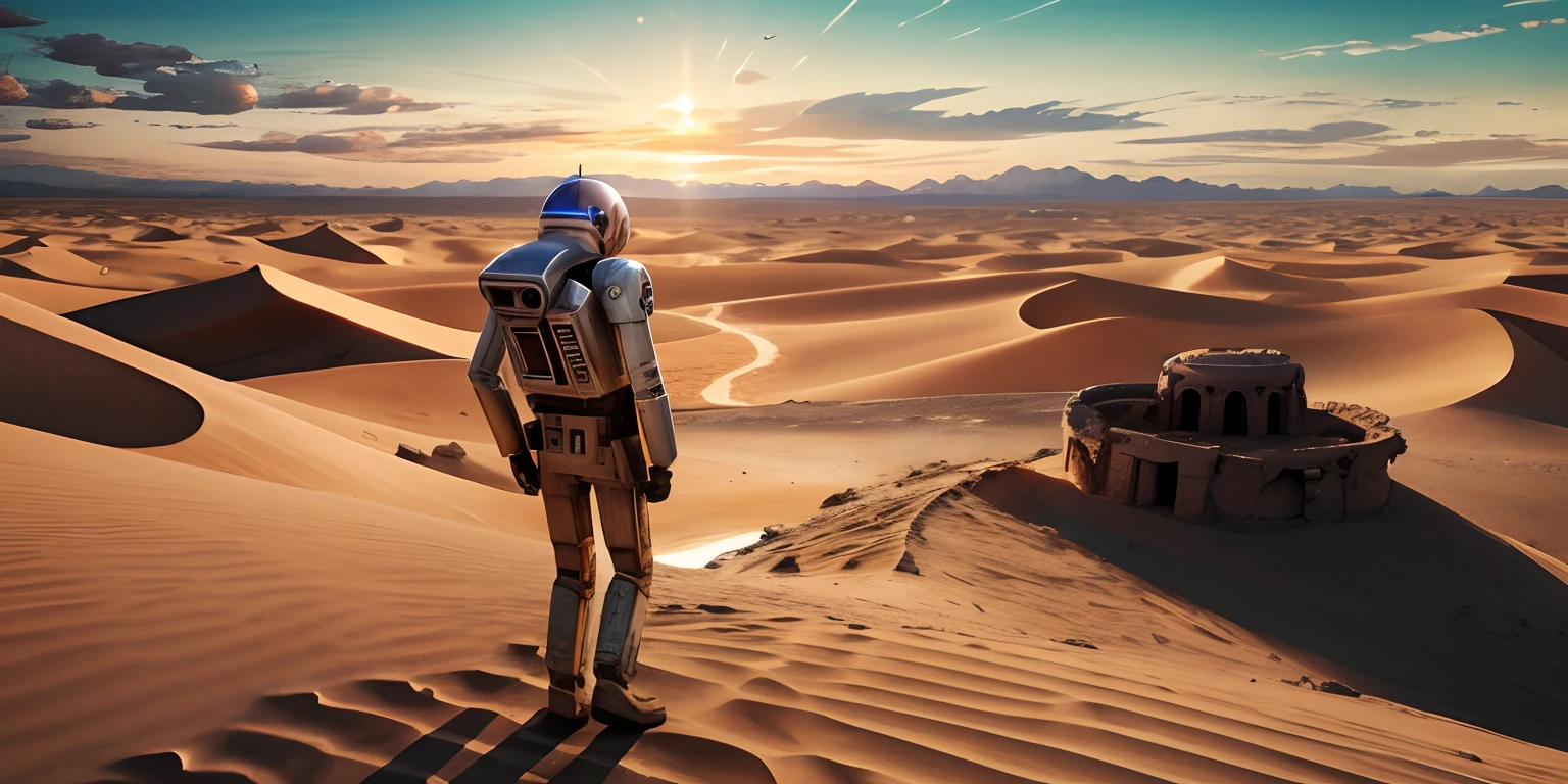 droid,Above the ruins in the apocalypse,Walk in the endless desert。