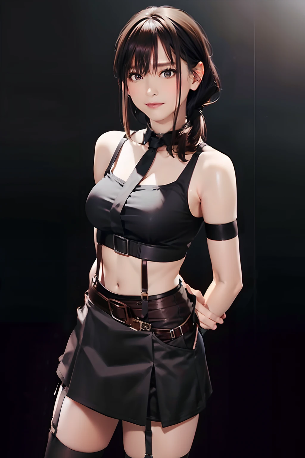 a belt suspenders Black miniskirt neck tie Black tank top Black stockings Brown hair poneyTail Gray eyes holster bobby Garter belt on the legs Brown hair Serious face piece large full breasts Fold your hands behind your back