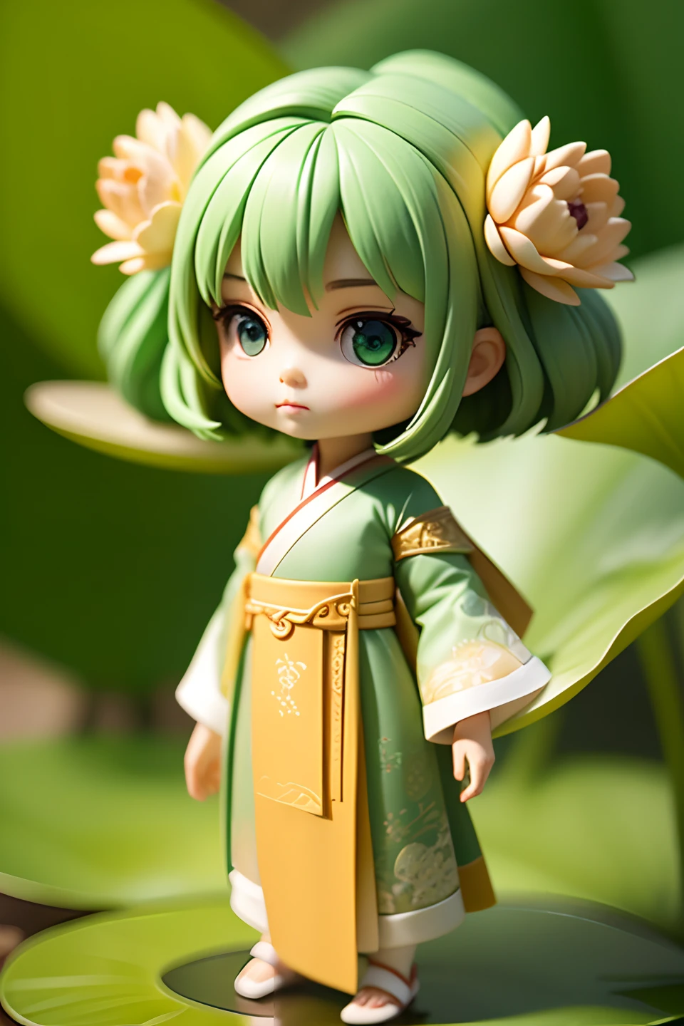 fullbody chibi (A small fairy in a green Hanfu) (whole body :1.2) (standing on a lotus leaf) (surrounded by lotus leaves and lotus flowers) (surrounded by lotus leaves and lotus flowers) (holding a lotus flower) (Lotus fairy) (drops falling) (Best quality) (clean background) (Girl) (background blurred) Details beautiful face, details beautiful eyes，mini figures ,IP,chili,cute,3d,c4d,oc,render,abs,3s,pvc,popmart