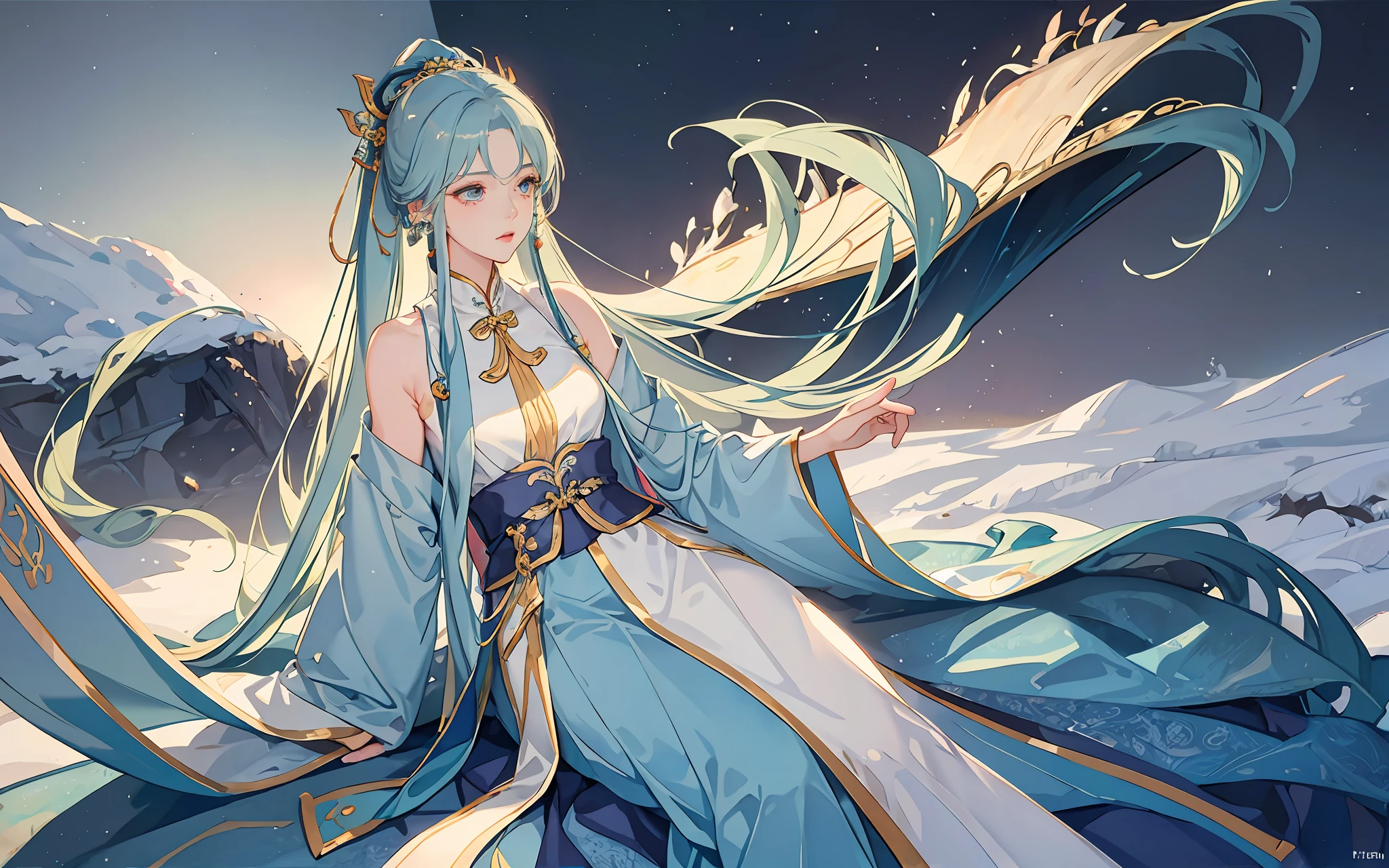 highest  quality，tmasterpiece，A masterpiece，extreme hight detail，Delicate portrayal of facial features，Delicate hair portrayal，Delicate eye portrayal，Long hair with a white-green gradient，High ponytail，Delicate hairpins，Luxurious tiara，Cyan Hanfu，Overlapping clothes，Heavy clothes，Very layered Hanfu，Redlip，Danfeng Eyes，eyeslashes，Blue Dragon Maiden，4k画质，Gorgeous light and shadows，Dingdall effect，long and flowing hair，white hair ribbon，Gorgeous scene，sideface，high and cold，Cold，Contains full body details，（（（The chest is large））），The entire white back is exposed、bshoulders，Chest squeezing，Clothes half-off，The upper part of the body，The bare chest is visible from the side，Side Body