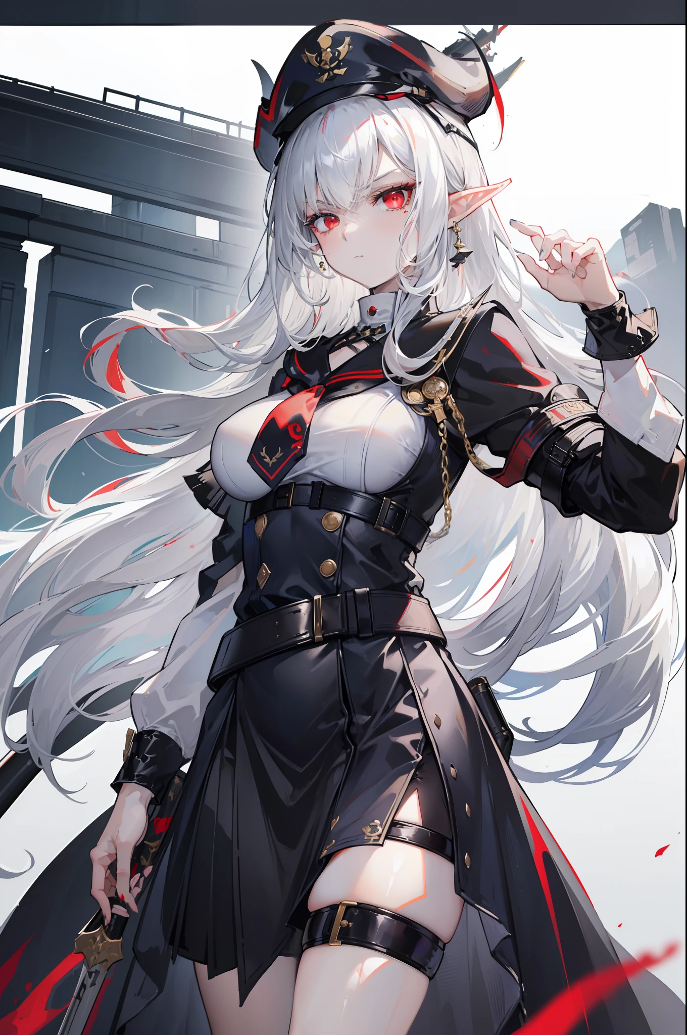 (masterpiece), best quality, expressive eyes, perfect face, sharp eyes, 1girl, solo, medium height, young adult, young woman, big boobs, (long hair, white hair, side locks, bangs, wavy hair), (red eyes, death glare, serious, menacing, leadership aura, glowing eye), average height, medium height, heels, black skirt, white trims on skirt, (black sailor cap, captain's hat, black cap), (black cape, red underside of cape, accessories, medieval, 19th century, black sailor uniform, vintage styled outfits, white middle, red ribbon, (tie, badge, captain, soldier, fleet admiral, pointed ears, elf ears, pointed ear, bangs), (sheathed scabbard, sheathed weapon, scabbard), (belt on waist, belt around waist, strap, belt)