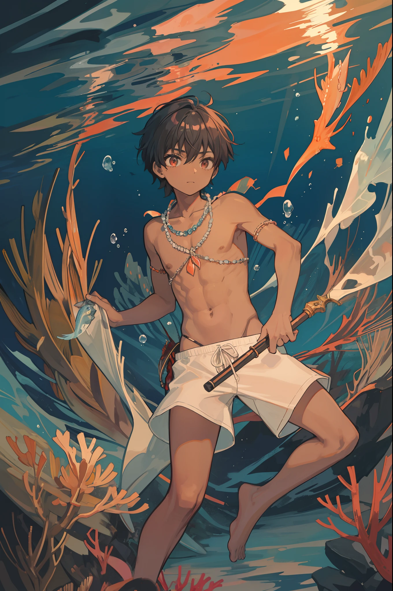 underwater fishing, dark_skin boy holding a spear, in the dark ocean, surrounded by coral, barefoot, fish, toned,