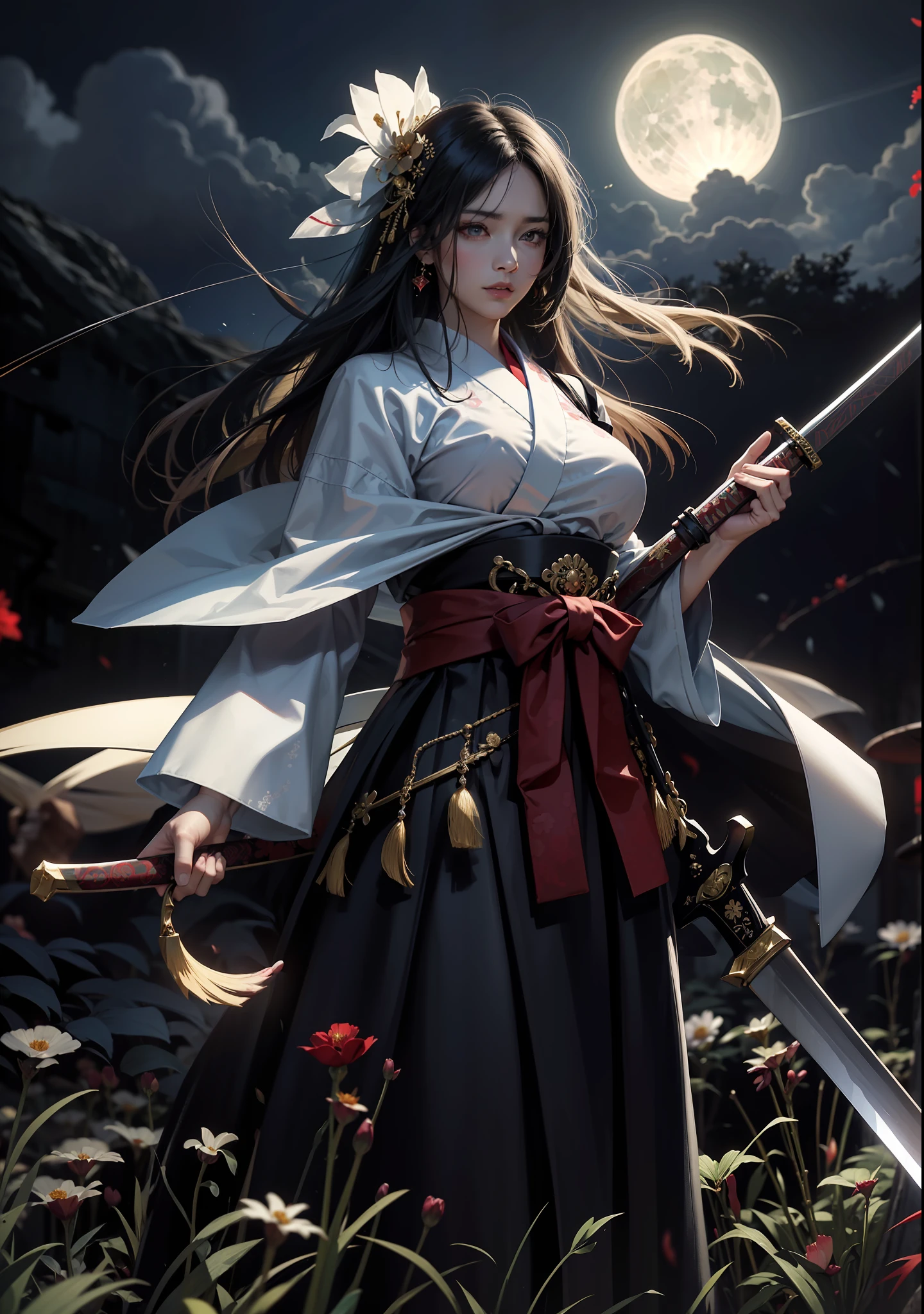 Raw photography、8K、32K、top-quality、超A high resolution、beautiful faces detailed、Real Human Skin、Gentle expression、front-facing view、angle from bellow、length hair、realphoto、realisitic、Dual-wielding female swordsman illuminated by the moonlight of a dark night、combat pose、Red Eyes、Blue eyes、Kimono with red floral pattern、Black Hakama、Golden floral hakama、Colossal tits。