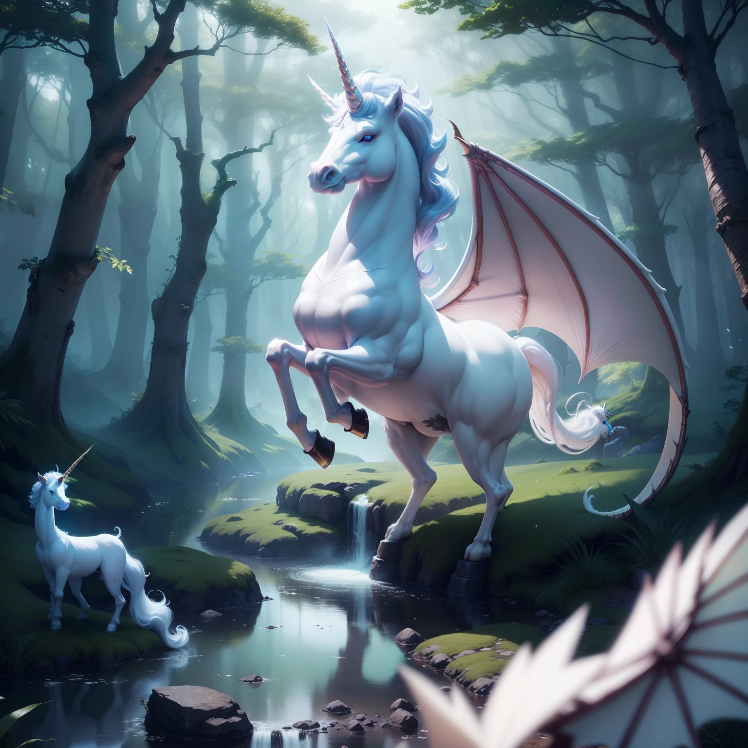 fantasy worlds、White Unicorn、magical forest, Inspired by imagination、Feeling like you've entered a dream world、Dragons fly in the distance