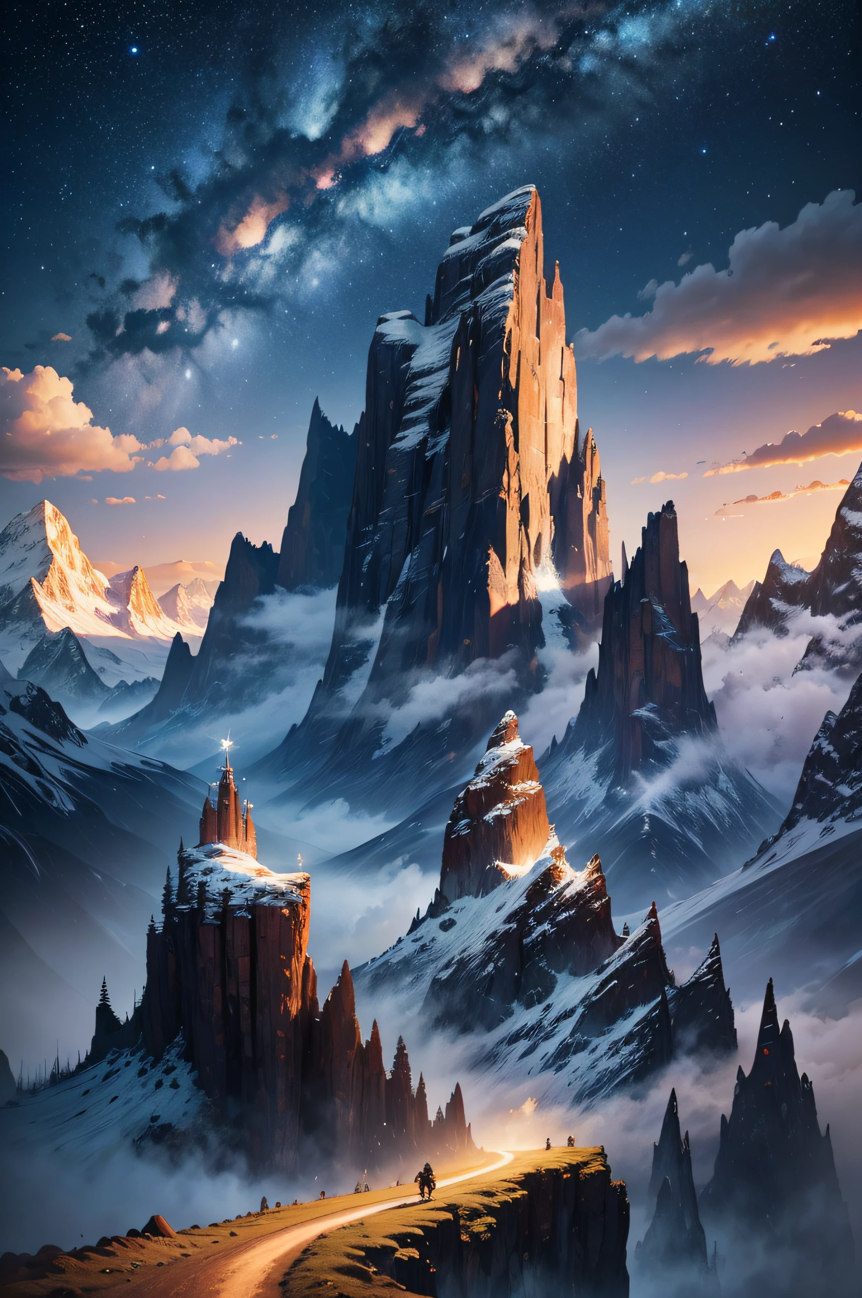 Design an awe-inspiring scene showcasing the untamed wilderness, featuring a towering mountain range bathed in the glow of a breathtaking starry night sky. --auto