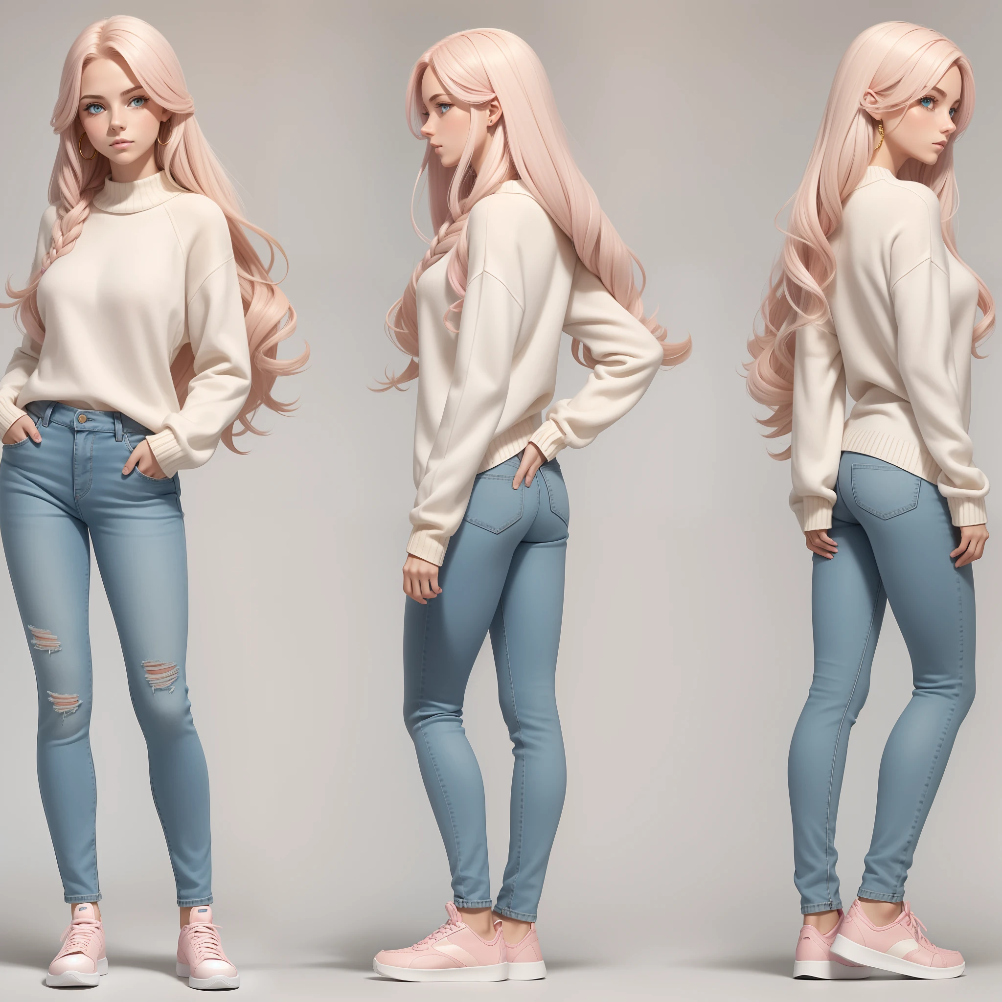 Character design sheet, same character, on front, from on the side, At the back. Young European girl 22 years old. Long golden hair with pink strands. Light-colored sweater. Jeans. Light-colored sneakers. Cyan eyes