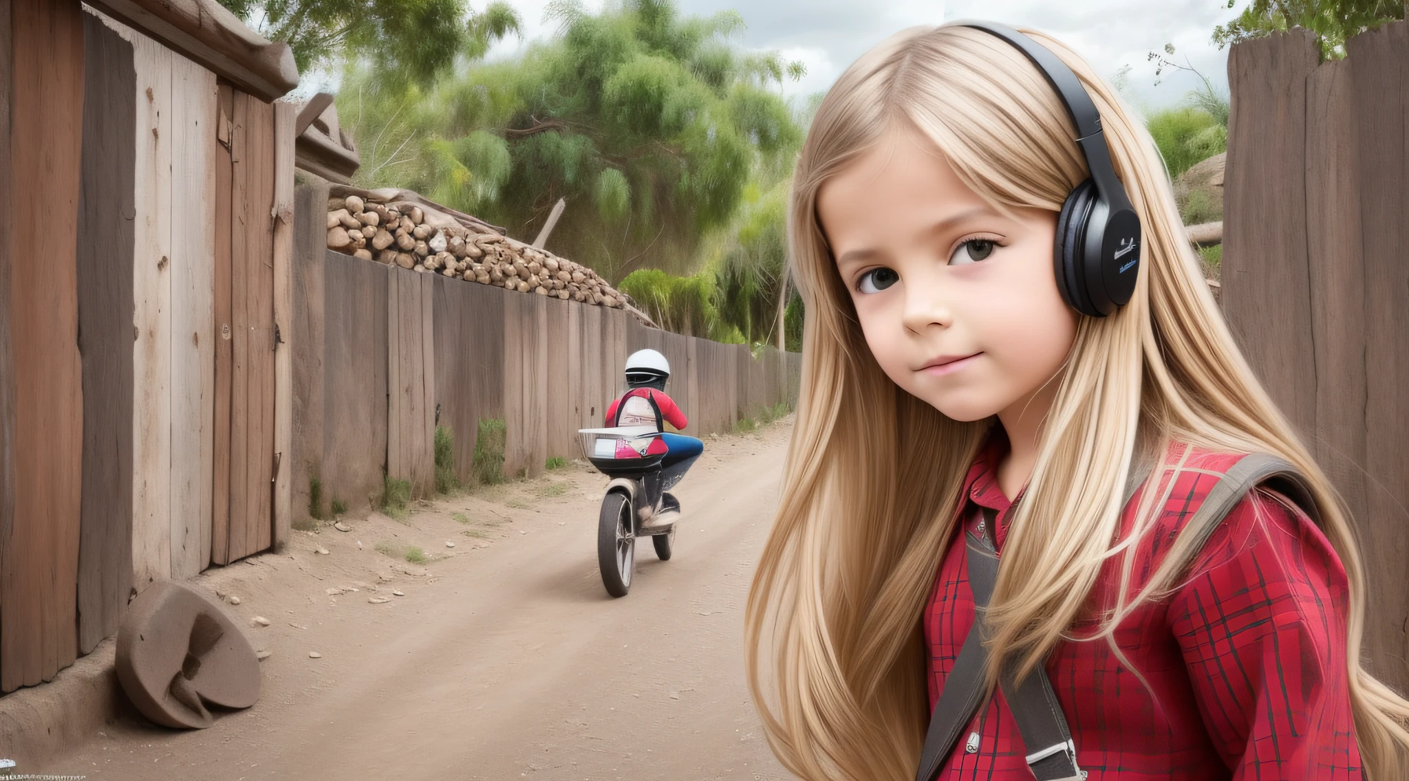 Cavalgar na tempestade, GIRL CHILD  BLONDE HAIR, longos ,fechar para cima, ESTILO RUSSA DE fones de ouvido, CASACO DE PELE PRETA.