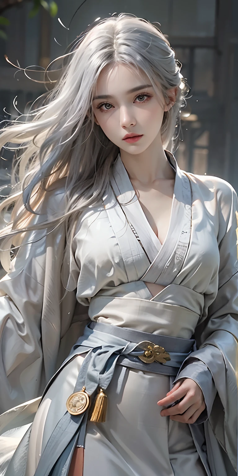 photorealistic, high resolution, soft light,1women, solo, hips up, look at viewer, (detailed face), long hair, silver hair, bright eyes, kungfu hanfu, cloak, tattoo, jewelry